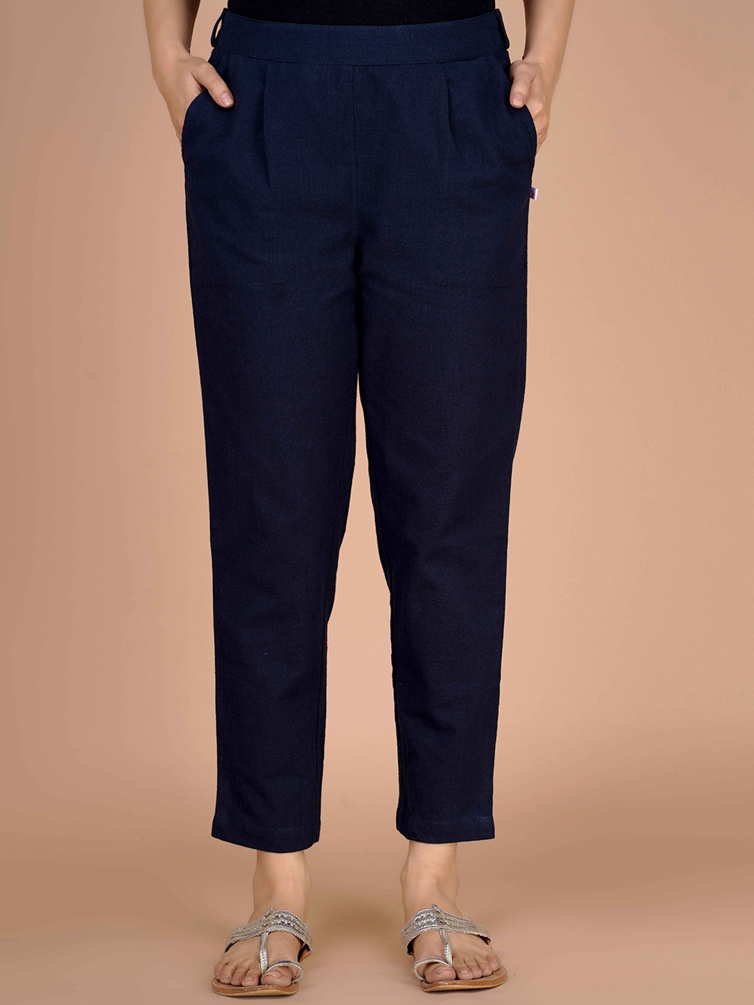 

JONAYA Women Cotton Mid Rise Trousers, Navy blue