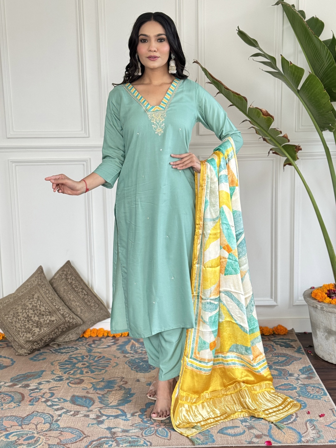 

KALINI Floral Embroidered V-Neck Straight Kurta With Trouser & Dupatta, Sea green