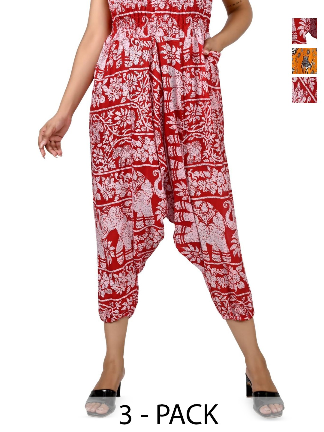 

NarNari Women Pack Of 3 Printed Loose-Fit Harem Pants, Red