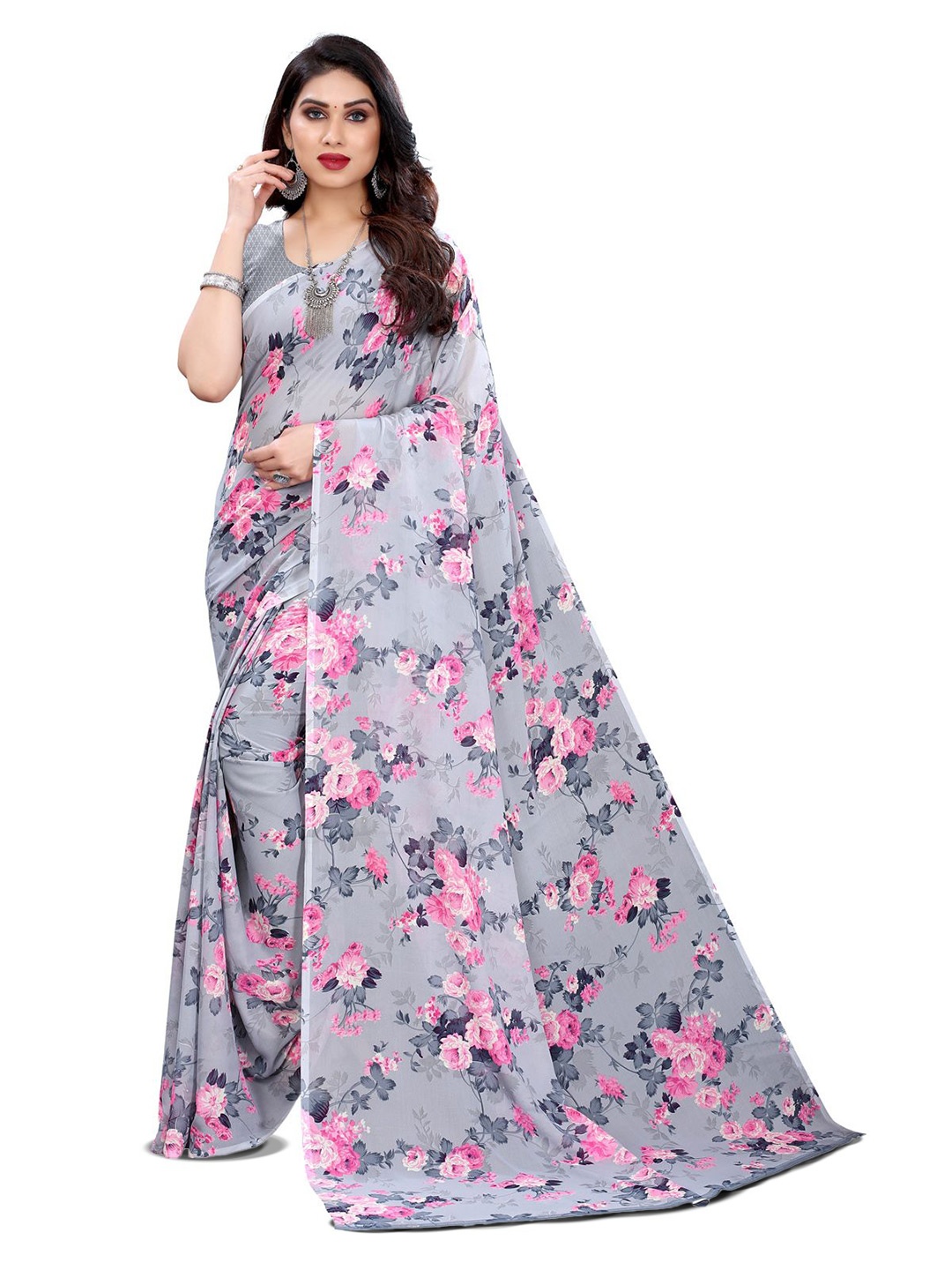 

HERE&NOW Floral Poly Georgette Saree, Grey