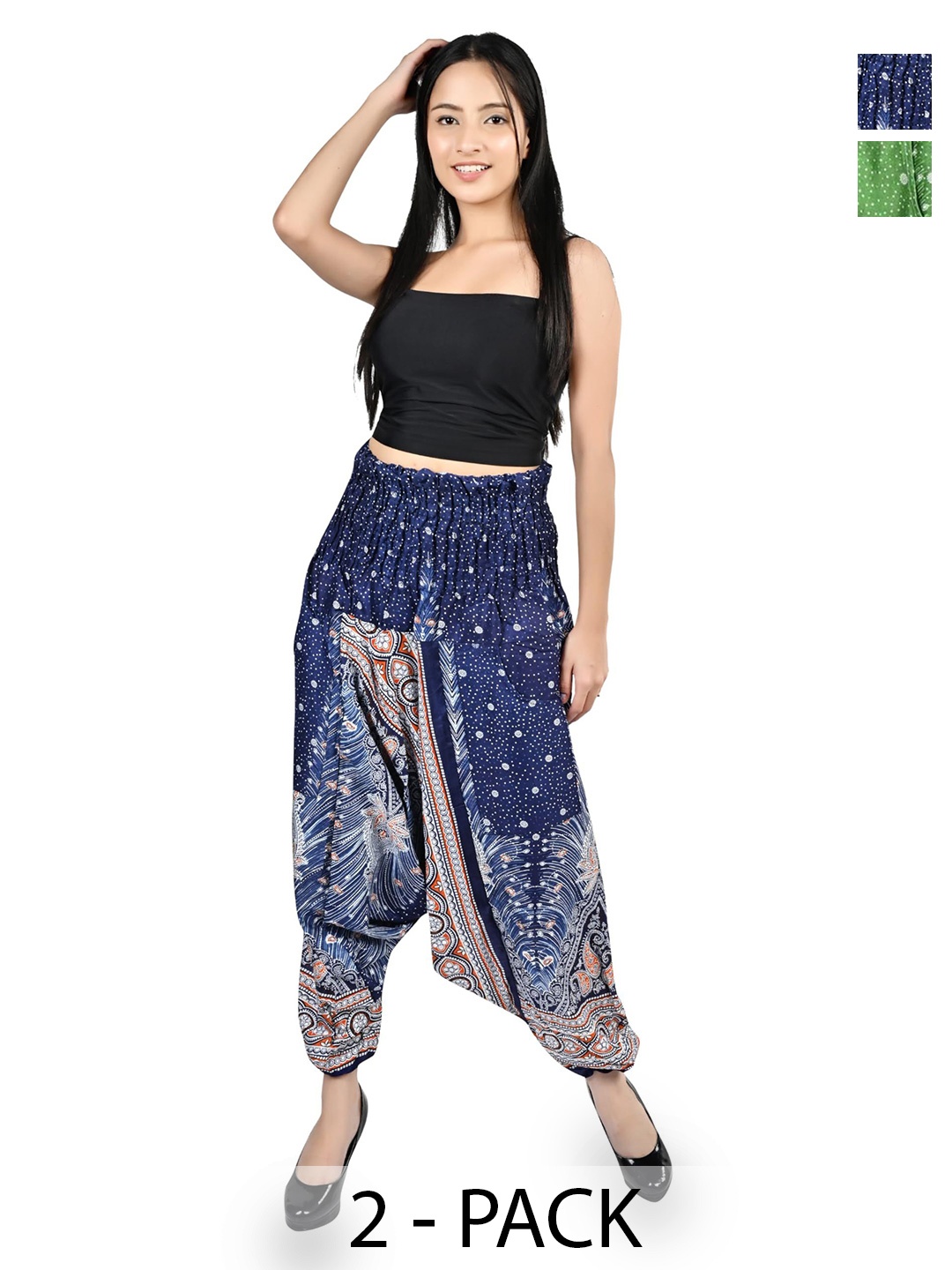 

NarNari Women Pack Of 2 Printed Mid-Rise Harem Pants, Blue