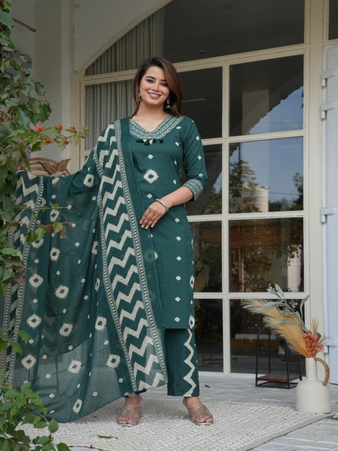 

KALINI Geometric Printed V-Neck Pure Cotton Straight Kurta With Trousers & Dupatta, Green