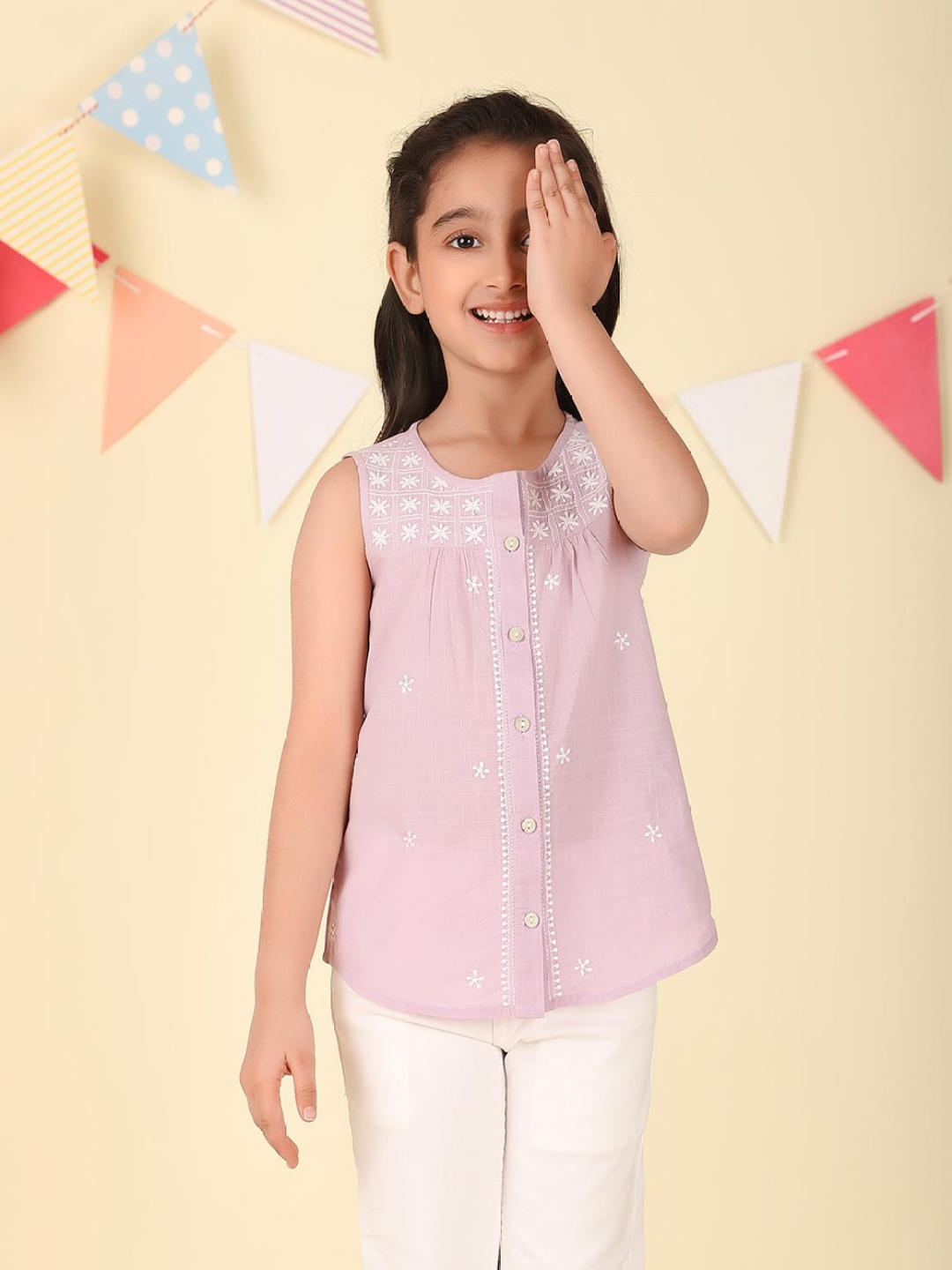 

Fabindia Girls Chikankari Embroidered Cotton Shirt Style Top, Purple