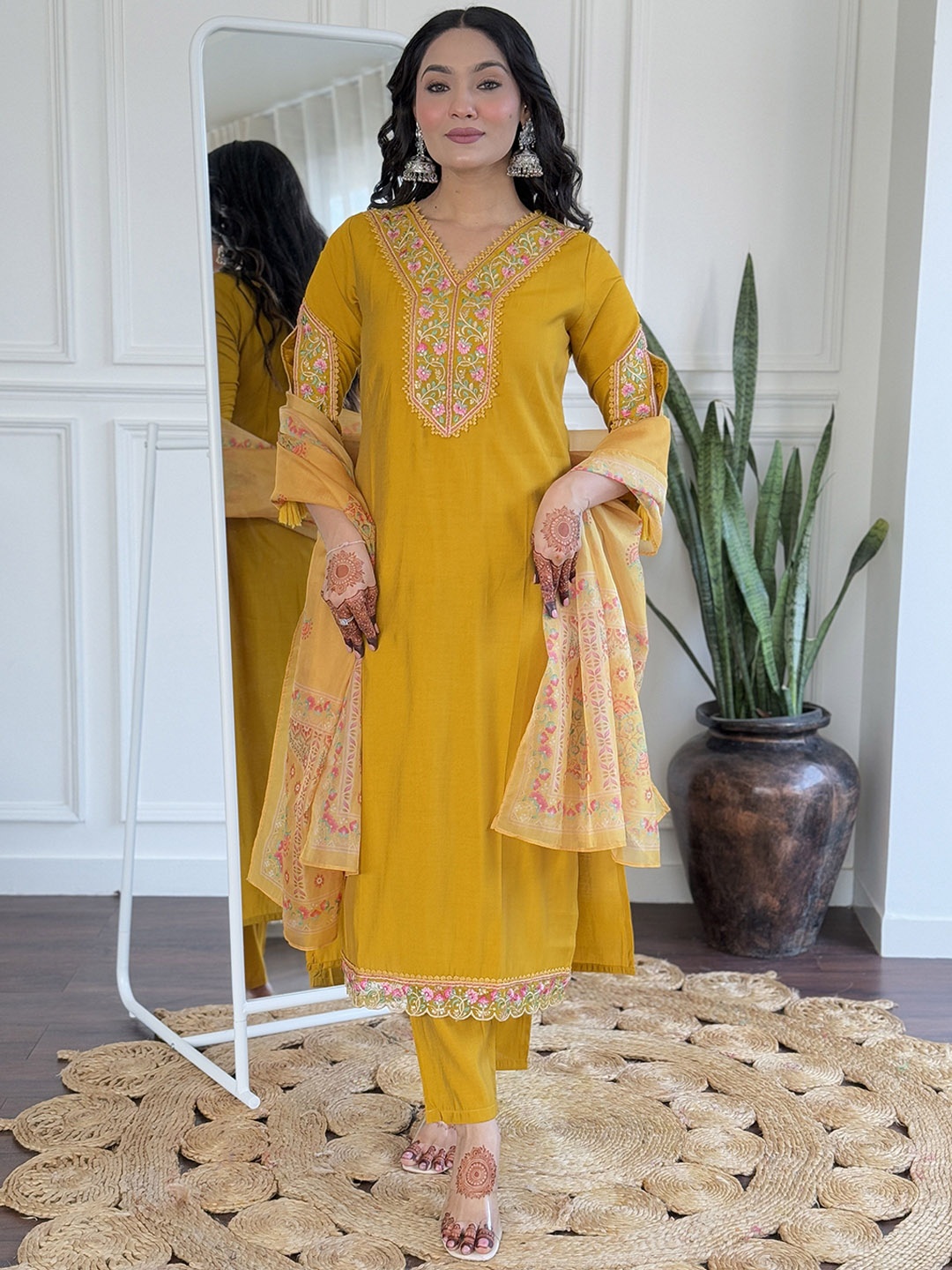 

KALINI Floral Embroidered V-Neck Sequinned A-Line Kurta With Trousers & Dupatta, Mustard