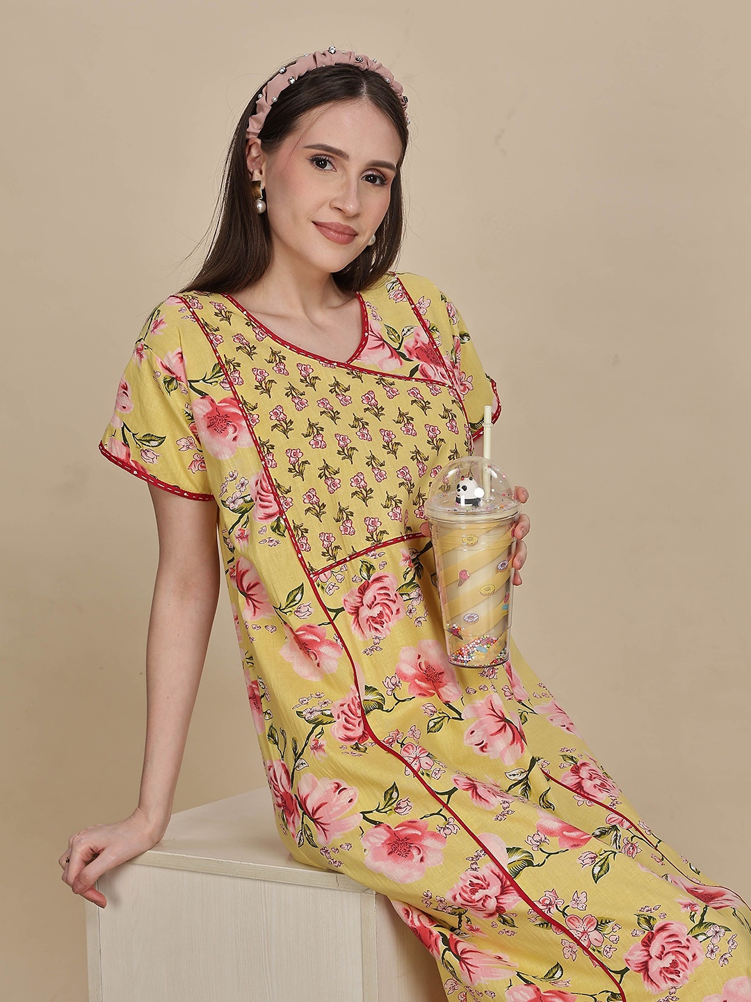 

9shines Label Printed Maxi Nightdress, Yellow