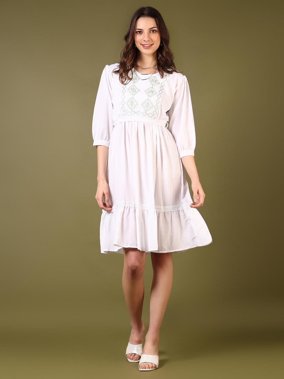 

V-Mart Embroidered Cotton Fit & Flare Dress, White