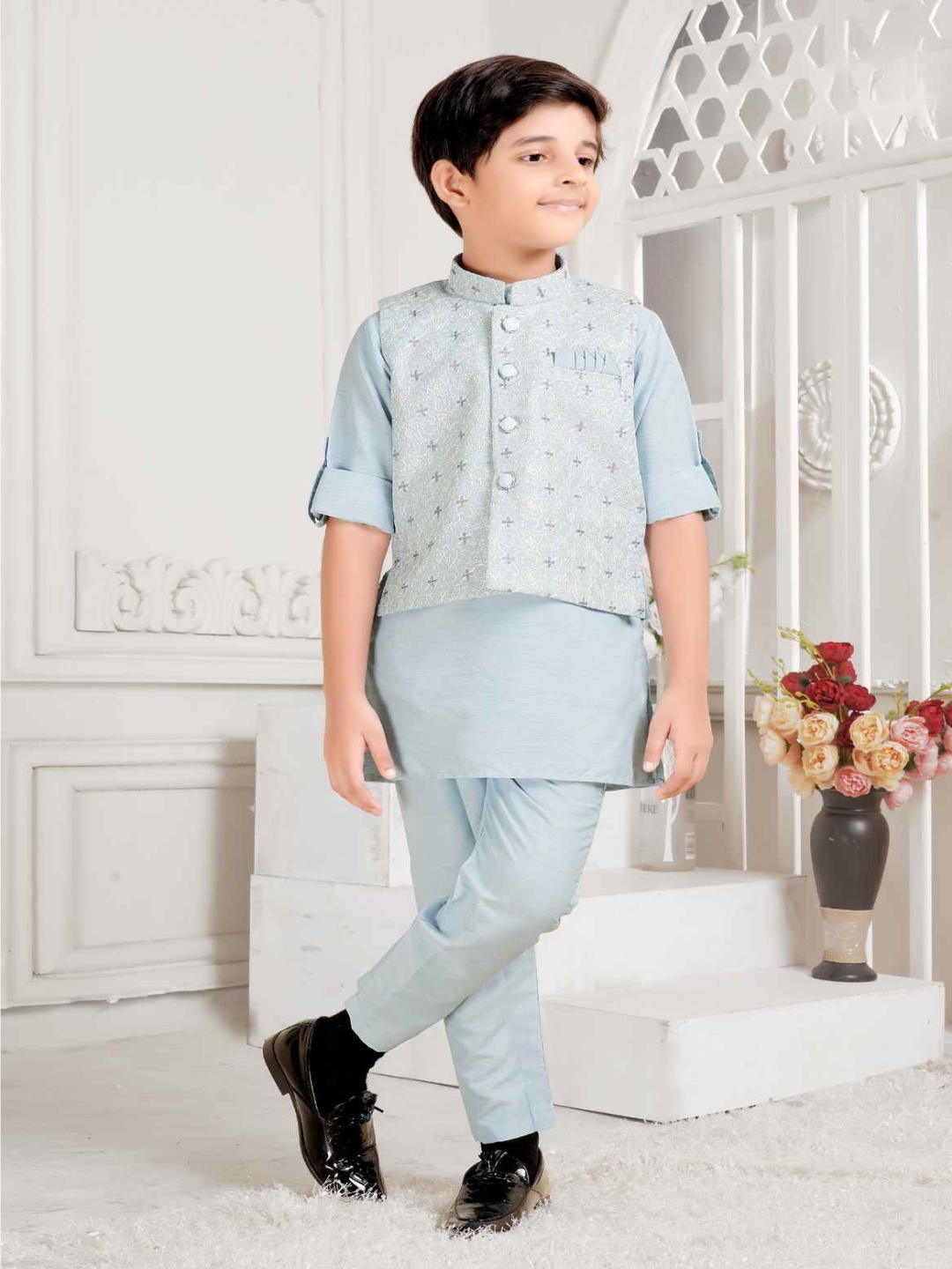 

Lagorii Boys Pure Silk Straight Kurta With Trousers & Embroidered Waist Coat, Blue