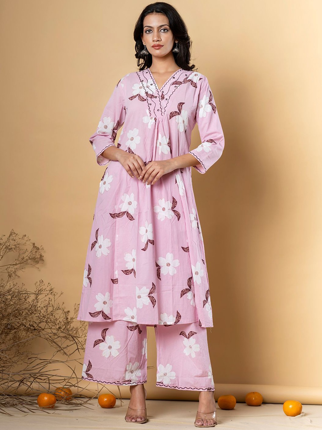 

Readiprint Fashions Floral Printed Pleated V-Neck Pure Cotton A-Line Kurta With Palazzos, Pink