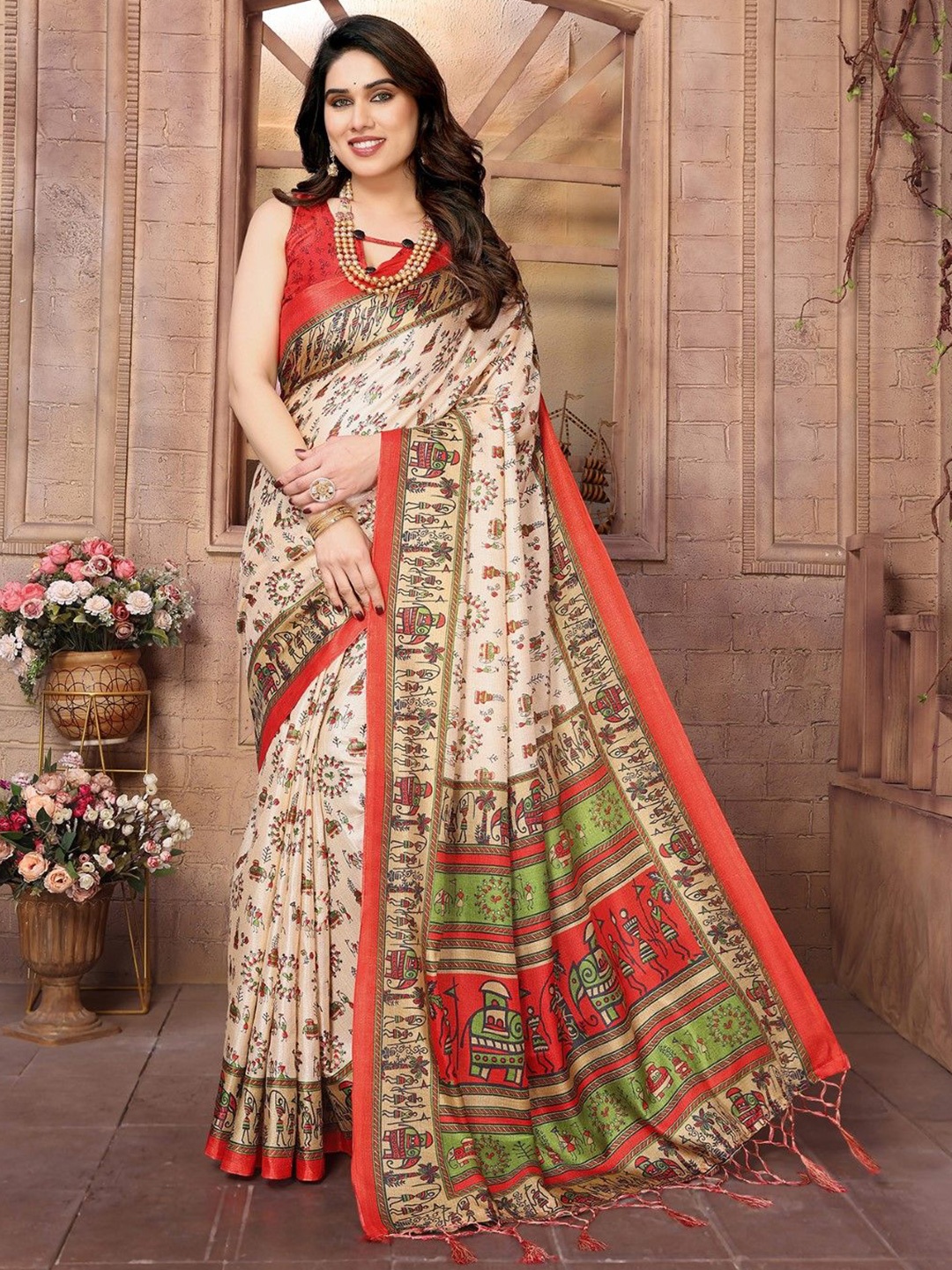 

KALINI Ethnic Motifs Printed Saree, Beige