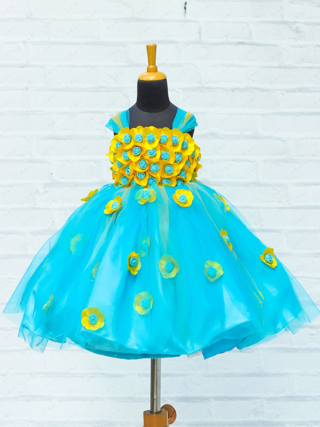 

Li & Li Boutique Girls Flower Frock With Multi Stripes, Turquoise blue