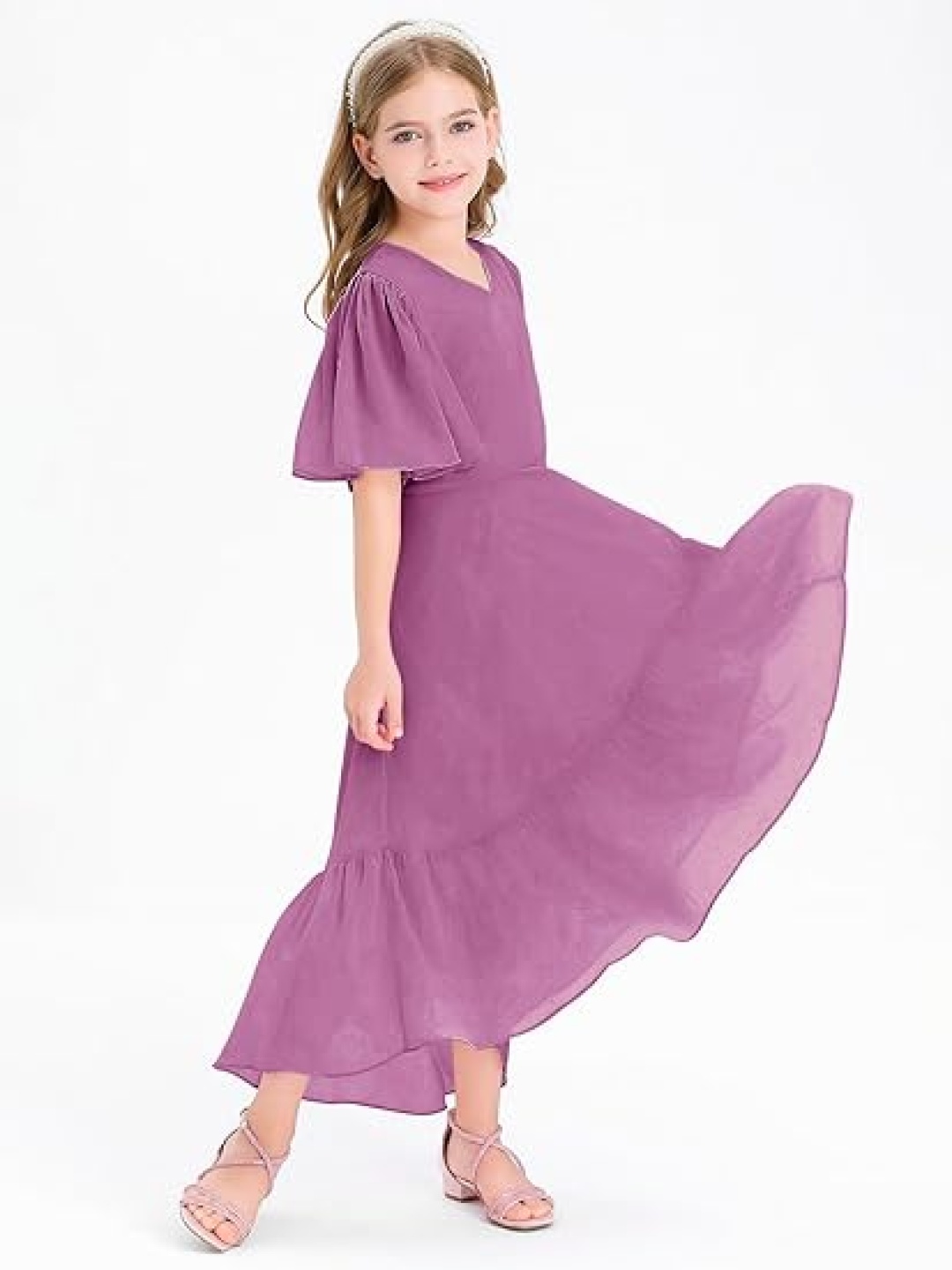 

R Cube Puff Sleeve Ruffled Georgette Fit & Flare Dress, Purple