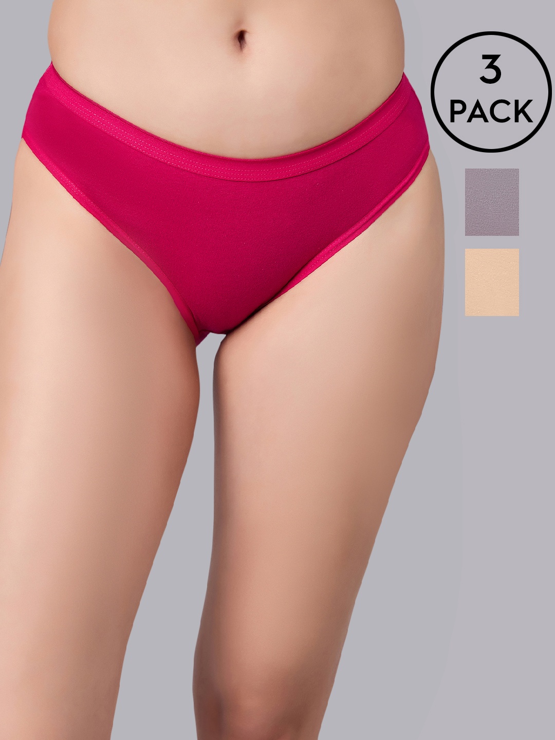 

SIMOH Women Pack Of 3 Mid-Rise Basic Briefs - MB2102_Nude_Grey_Pink