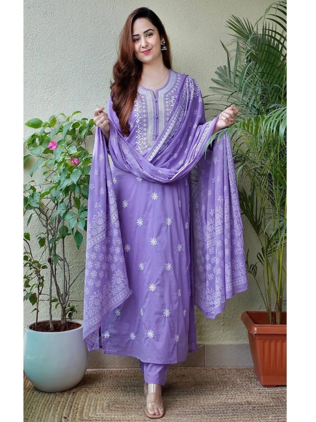 

Moda Rapido Floral Embroidered Notch Neck Straight Kurta With Trousers & Dupatta, Purple