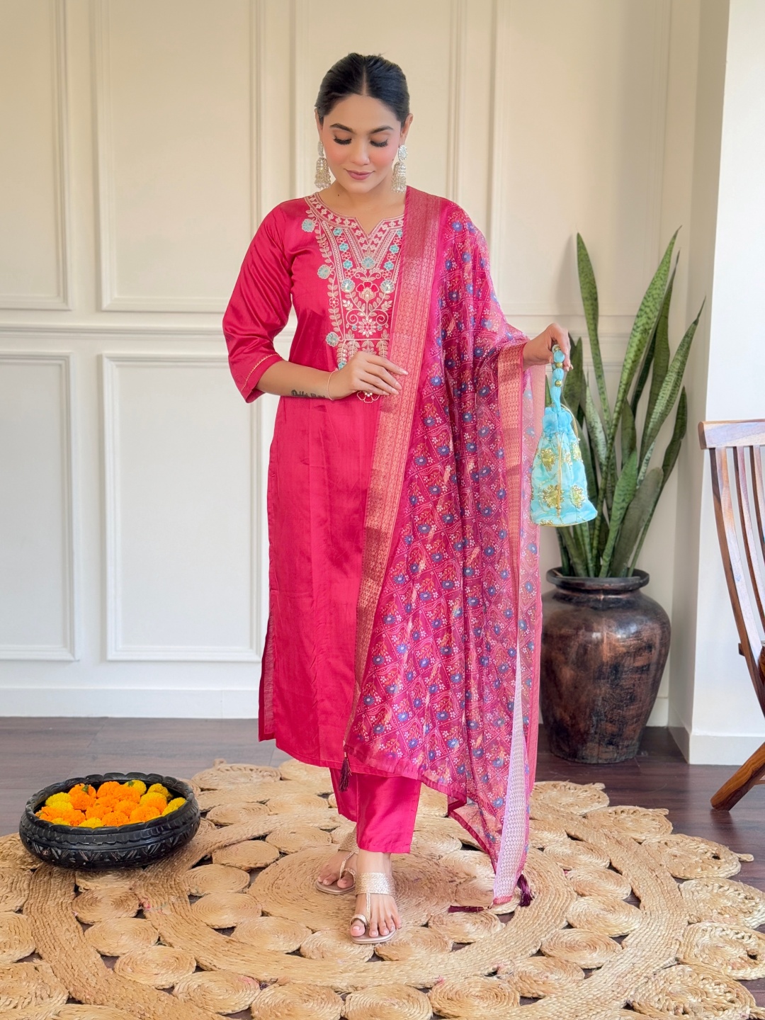 

KALINI Floral Embroidered Thread Work Chanderi Silk Kurta with Trouser And Dupatta, Pink