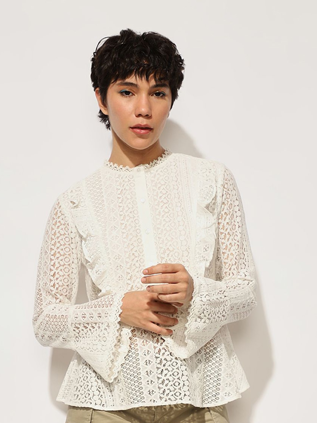 

ONLY Flared Sleeve Ruffles Cotton Lace Blouson Top, White