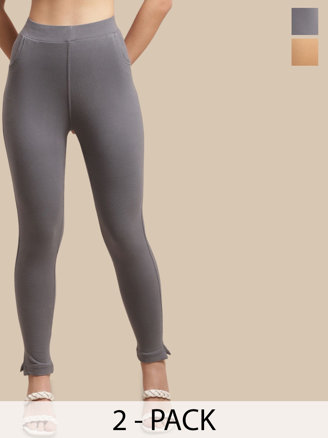 

Valles365 by S.C. Plus Size Pack Of 2 Women Cotton Ankle-Length Leggings, Grey