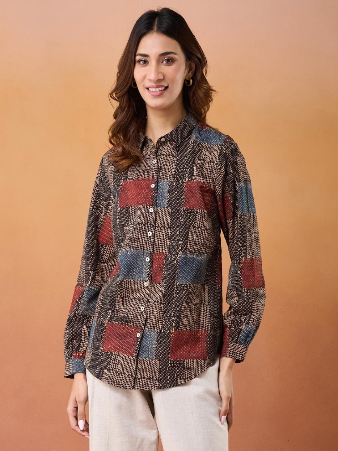 

Fabindia Women Spread Collar Abstract Printed Cotton Casual Shirt, Brown