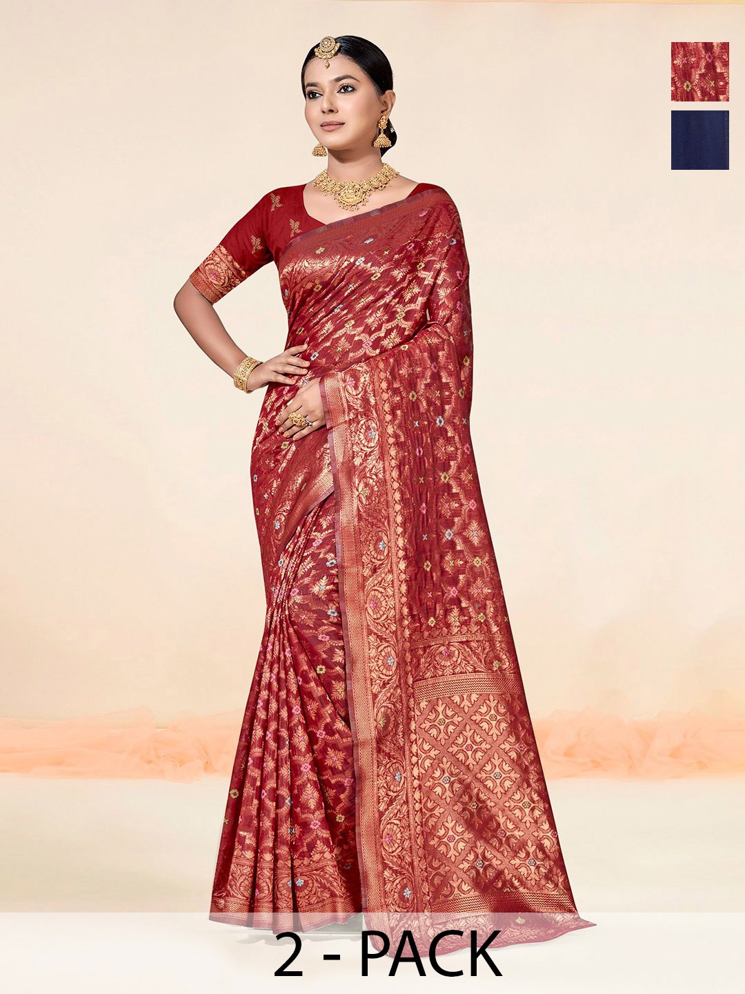

Anouk Rustic Pack Of 2 Woven Design Zari Chanderi Saree, Navy blue