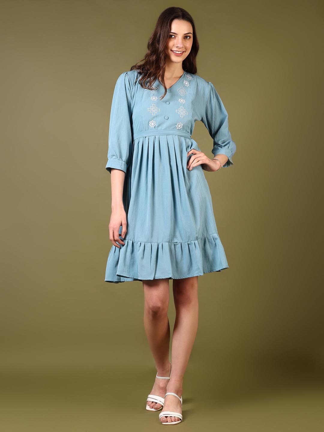 

V-Mart Women V-Neck Cotton Fit and Flare Above Knee Dress, Blue