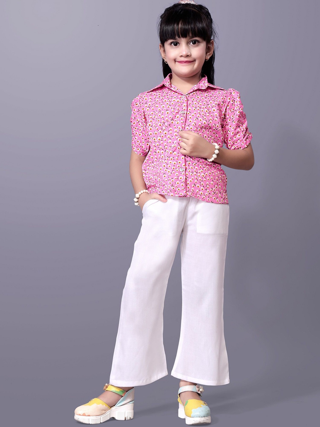 

Aarya Designer Girls Printed Puffed Sleeves Shirt With Trouser, Pink