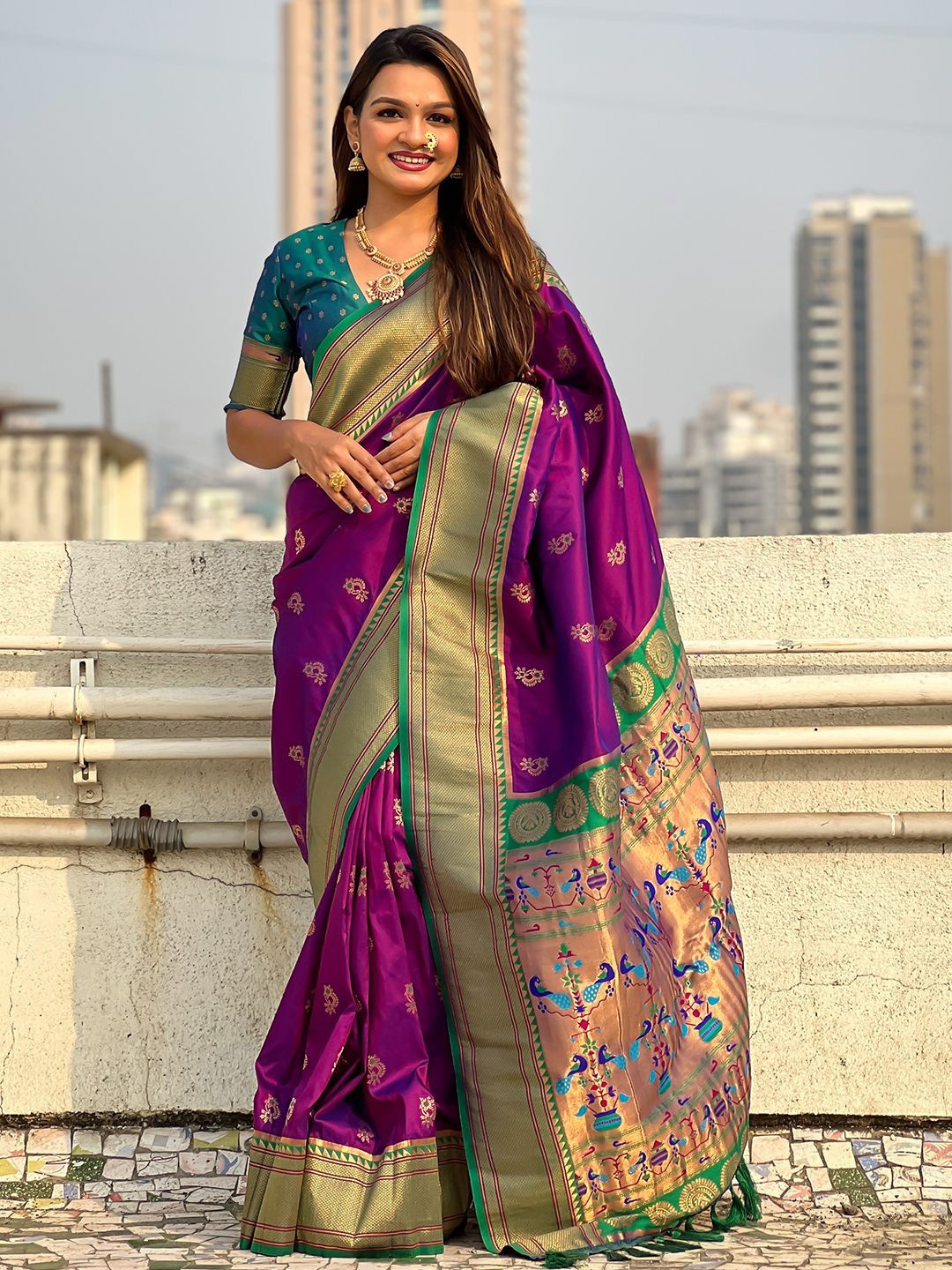 

Panzora Ethnic Motifs Woven Design Zari Paithani Saree, Purple