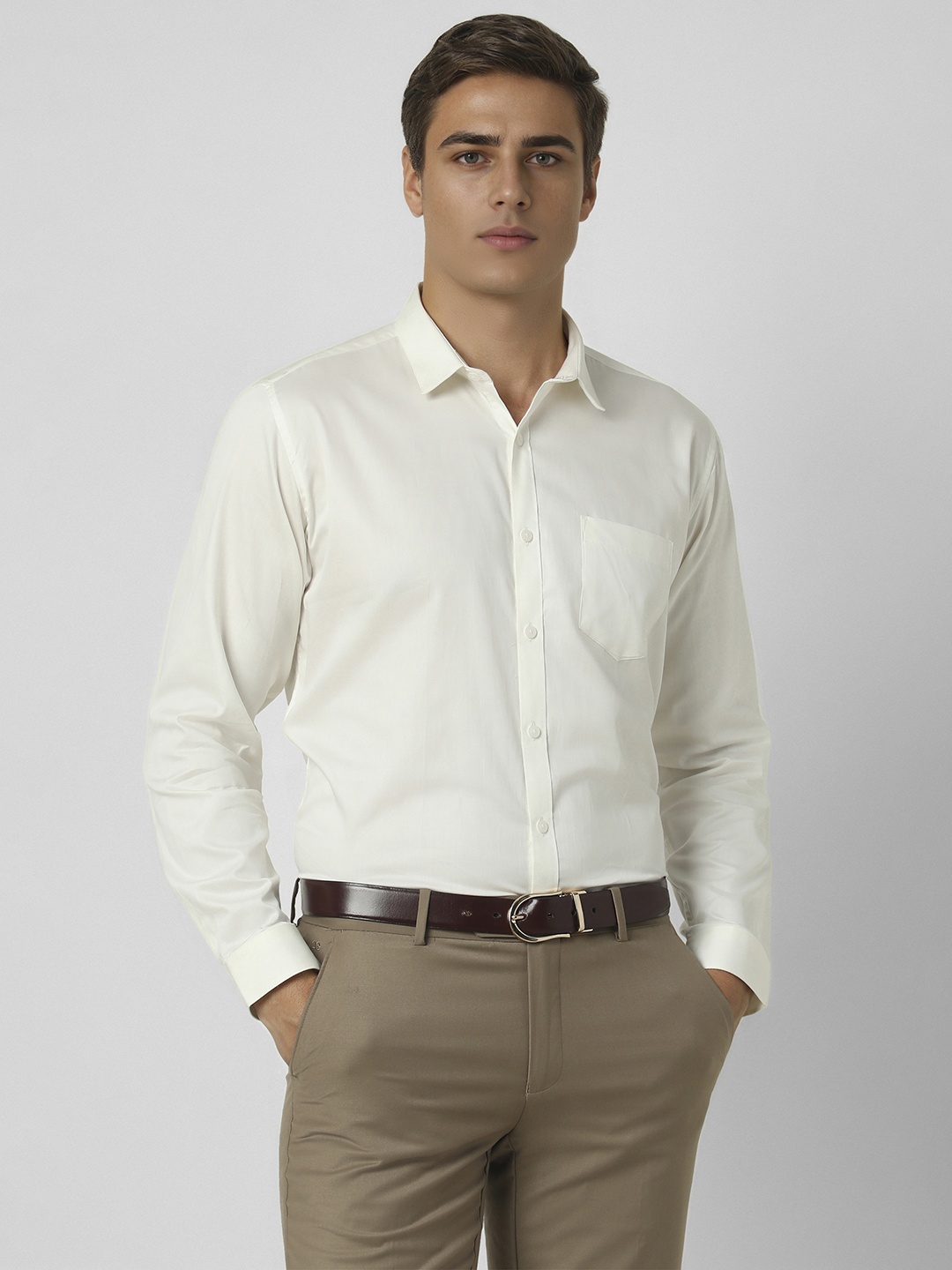 

V Dot Men Spread Collar Solid Cotton Formal Shirt, Cream