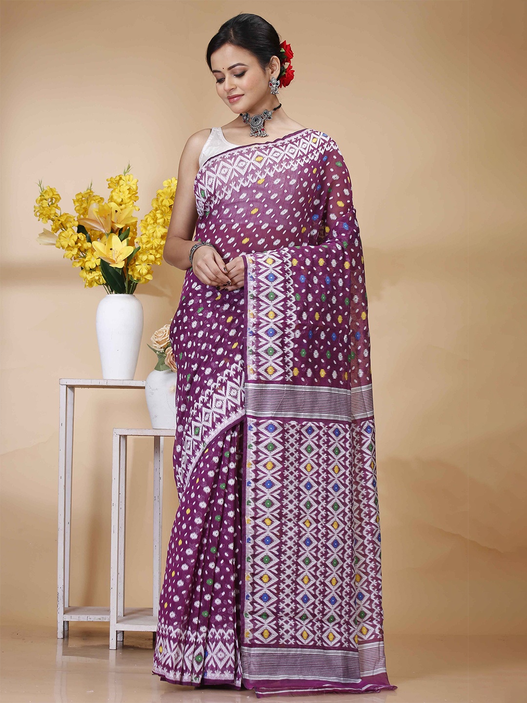 

SRILOK Woven Design Zari Pure Cotton Fusion Jamdani Saree, Purple