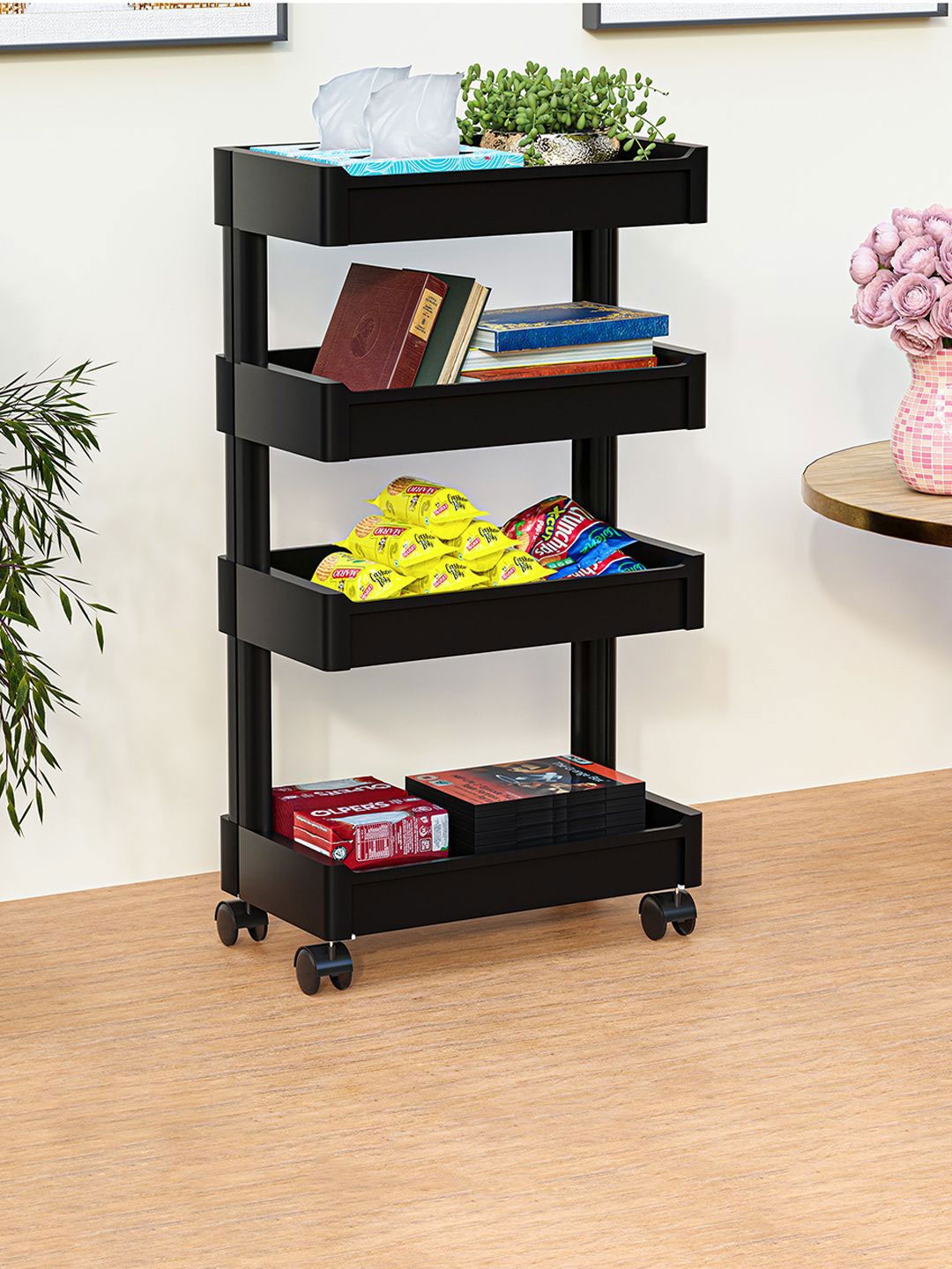 

Kuber Industries Black 4-Layer Plastic Stackable Rack With Wheels