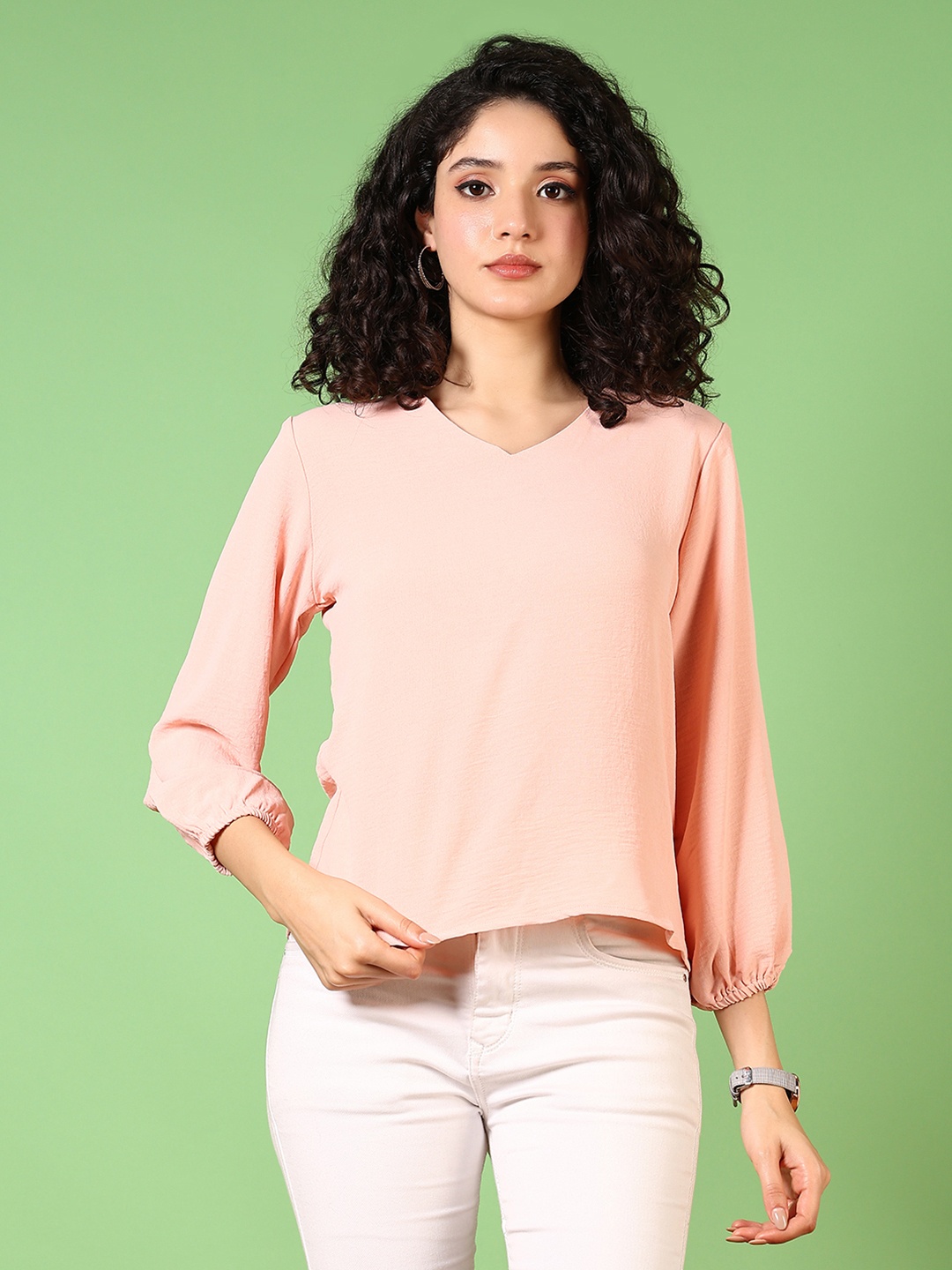 

V-Mart Mandarin Collar Puff Sleeve Top, Peach