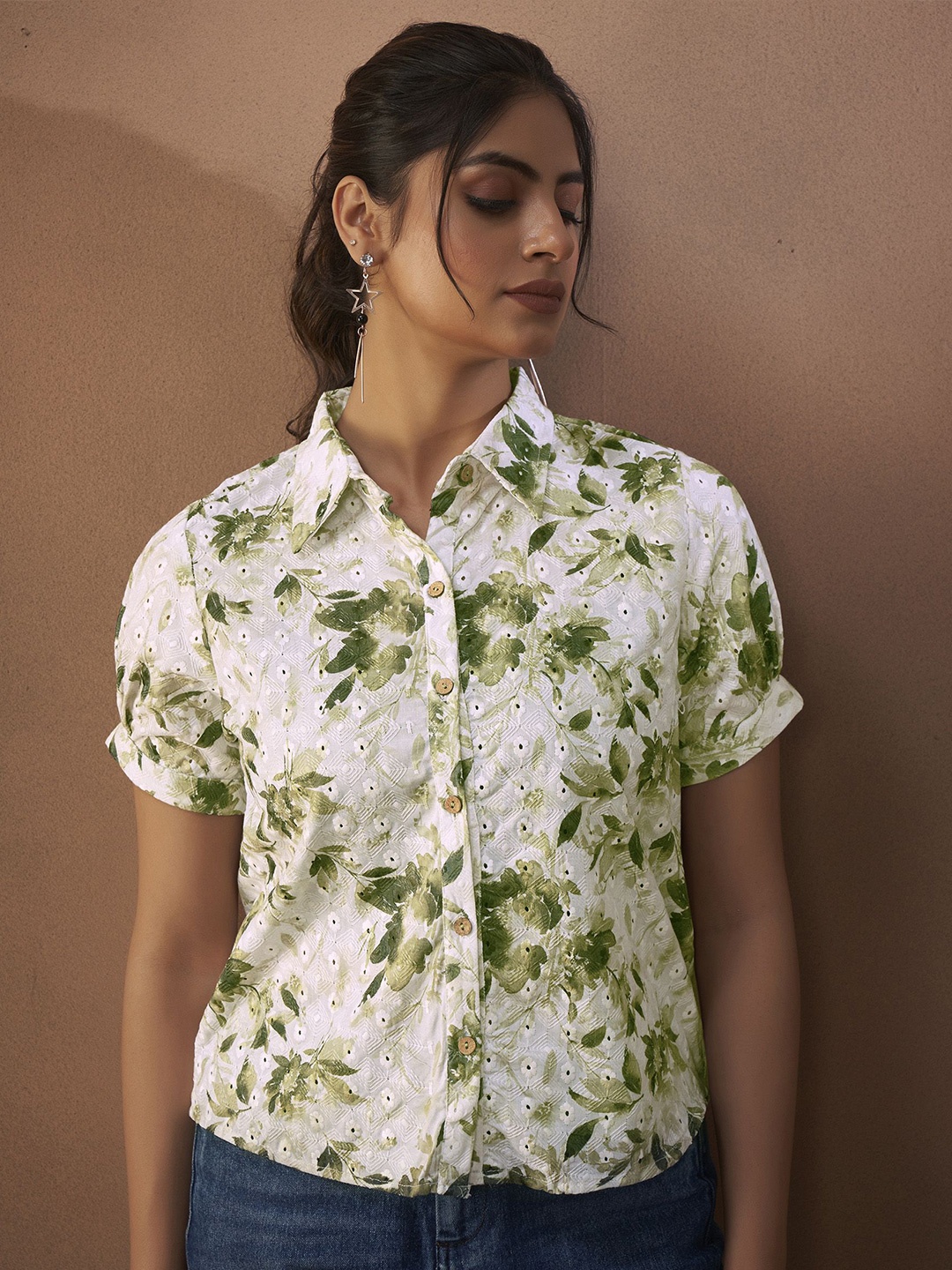 

Anouk Floral Embroidered Puff Sleeve Top, Green
