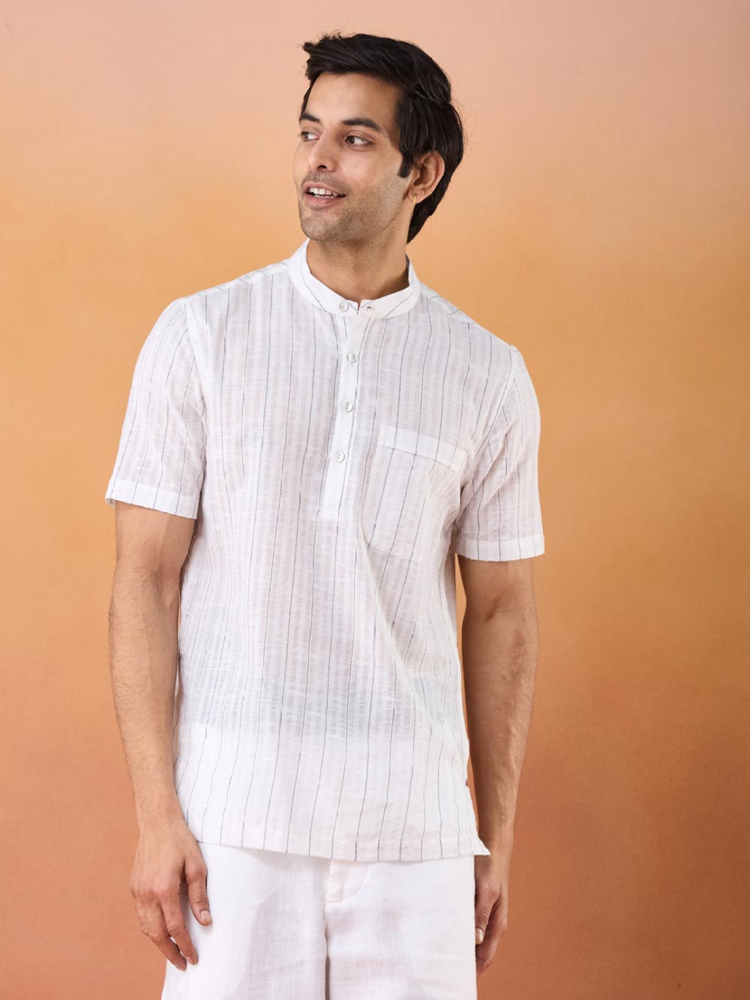 

Fabindia Men Relaxed Fit Band Collar Vertical Striped Cotton Casual Shirt, White