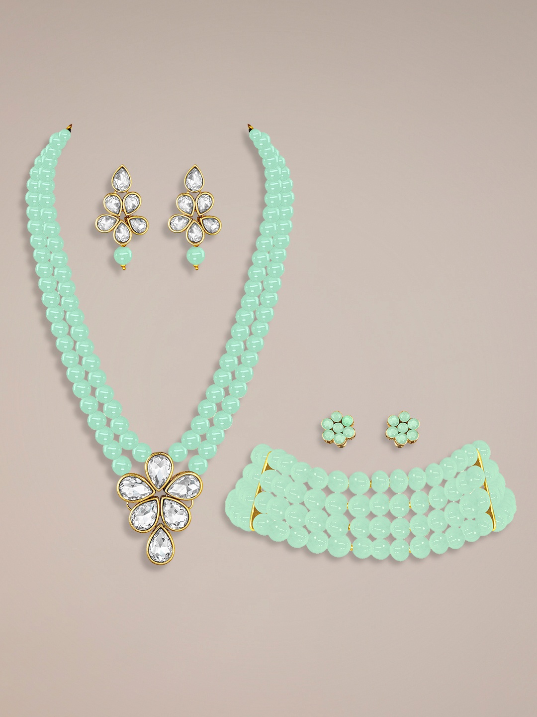 

Peora Set Of 2 Gold Plated Stones Studded & Beaded Choker & Long Jewellery Set