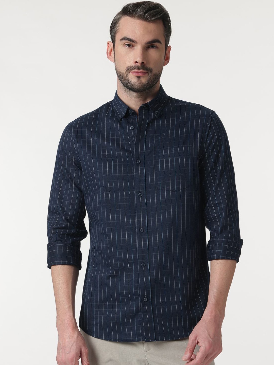 

Marks & Spencer Men Button-Down Collar Checked Cotton Casual Shirt, Navy blue