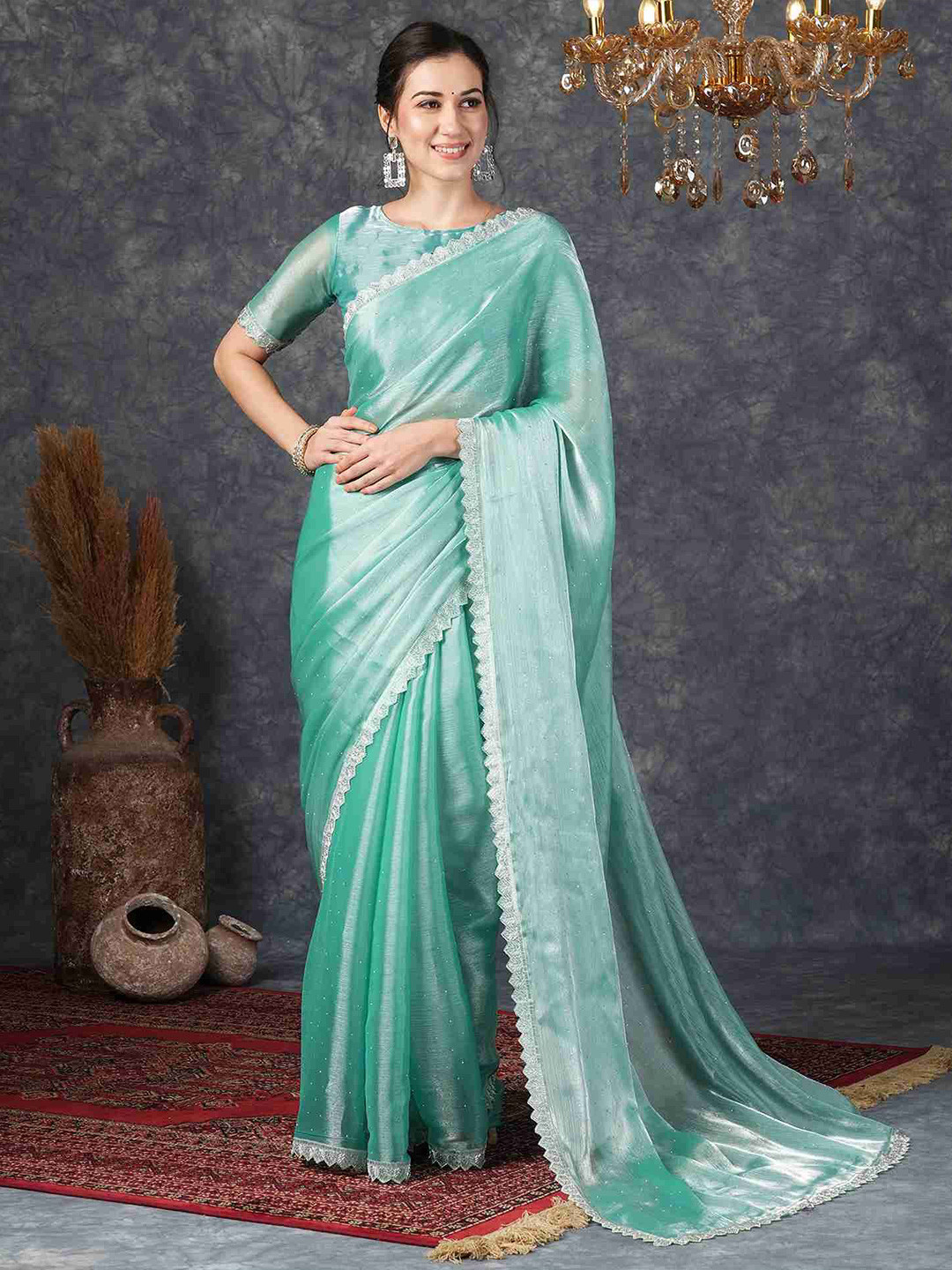 

DHARMEE Embellished Beads and Stones Saree, Green