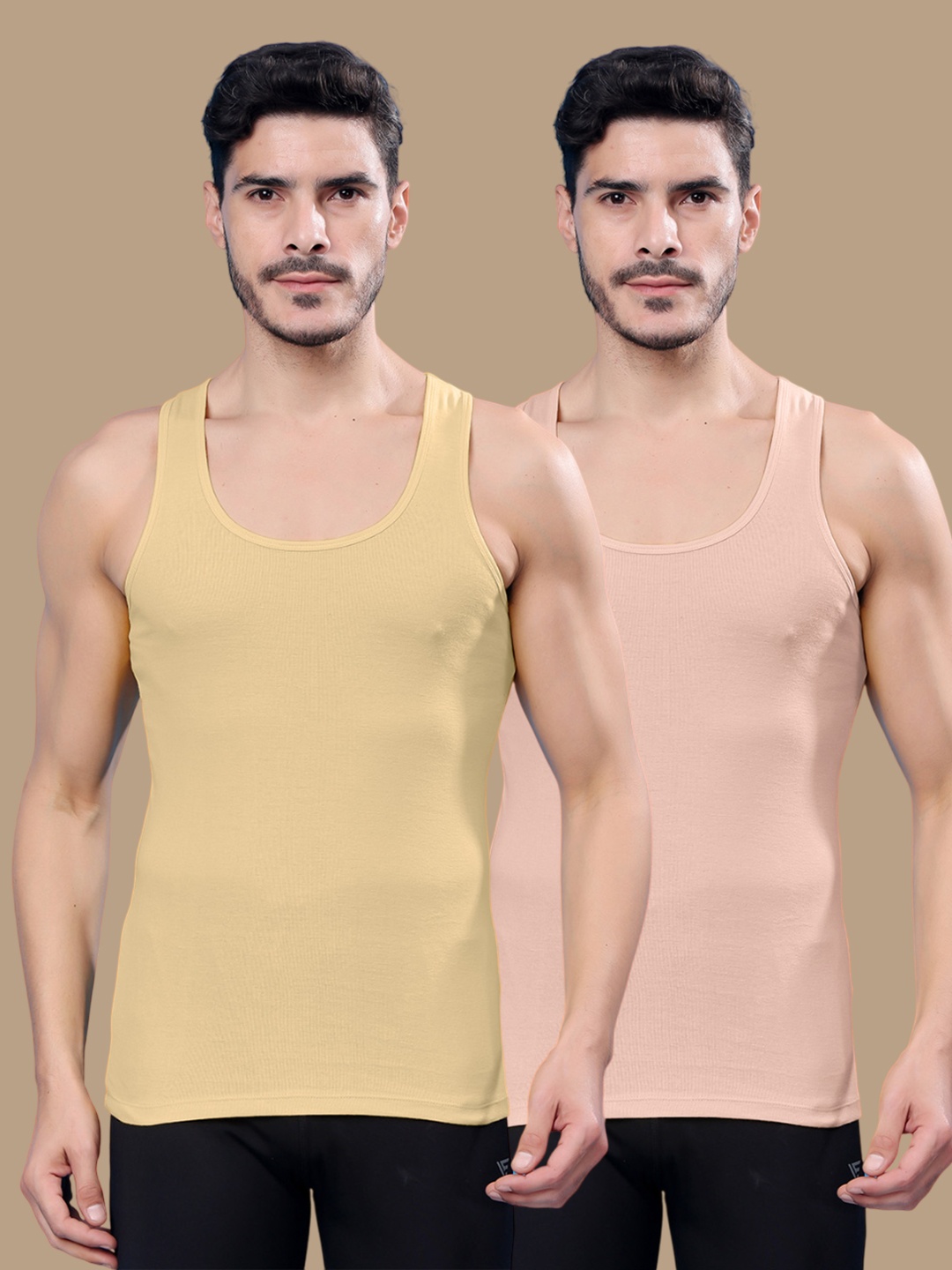 

Friskers Pack Of 2 Cotton Ribbed Gym Vest 24012025R-09-32, Beige