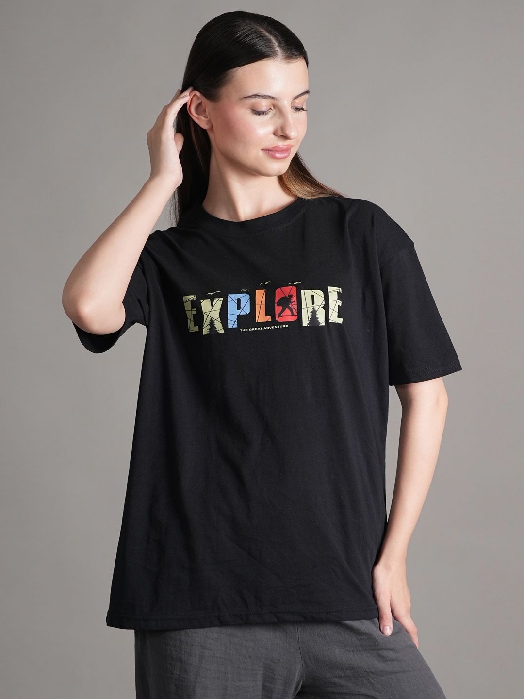 

BAESD Women Typography Printed Round Neck Cotton Oversized T-shirt, Black