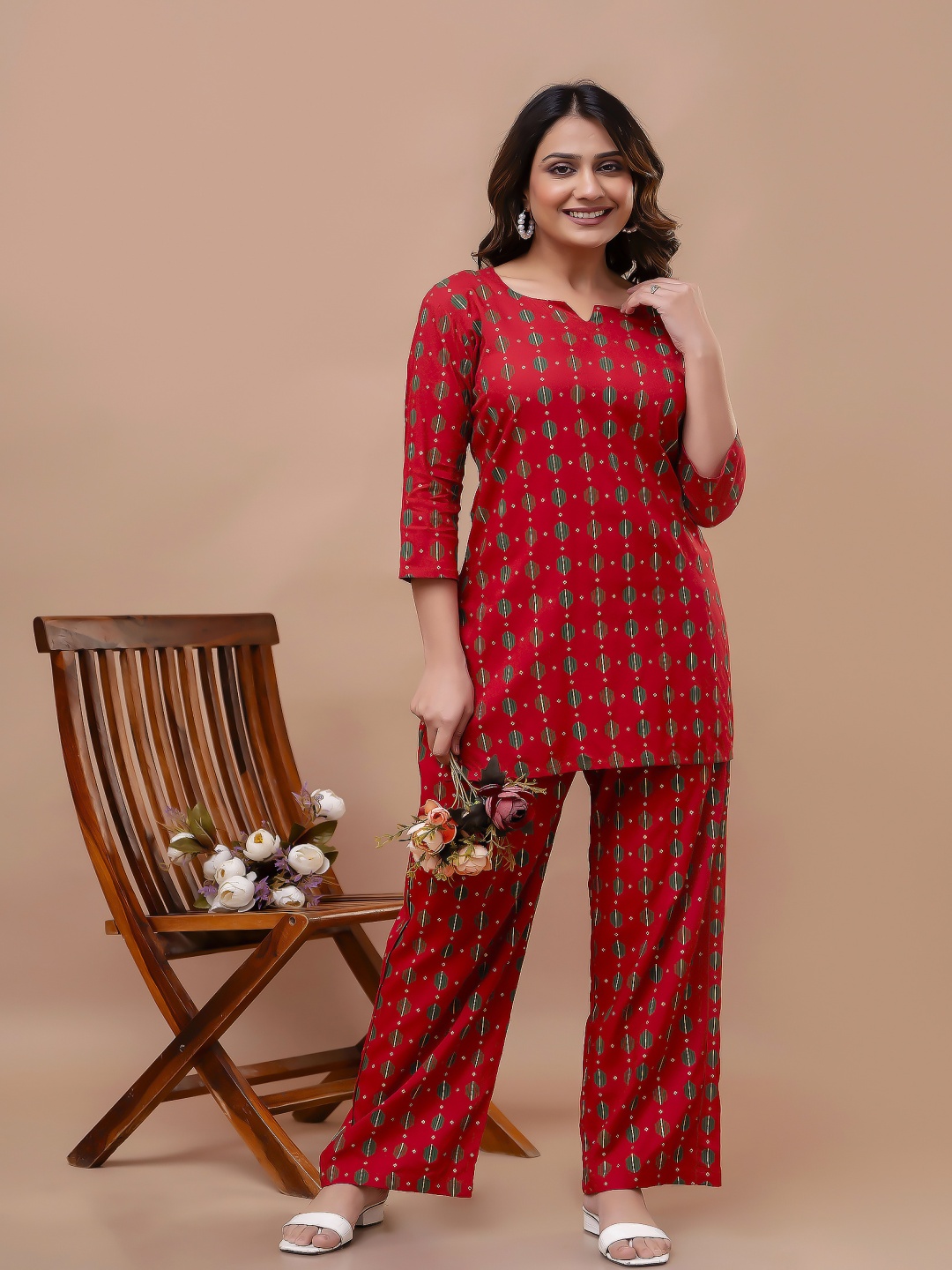

FEMARY Printed Tunic With Trousers Co-Ords, Red