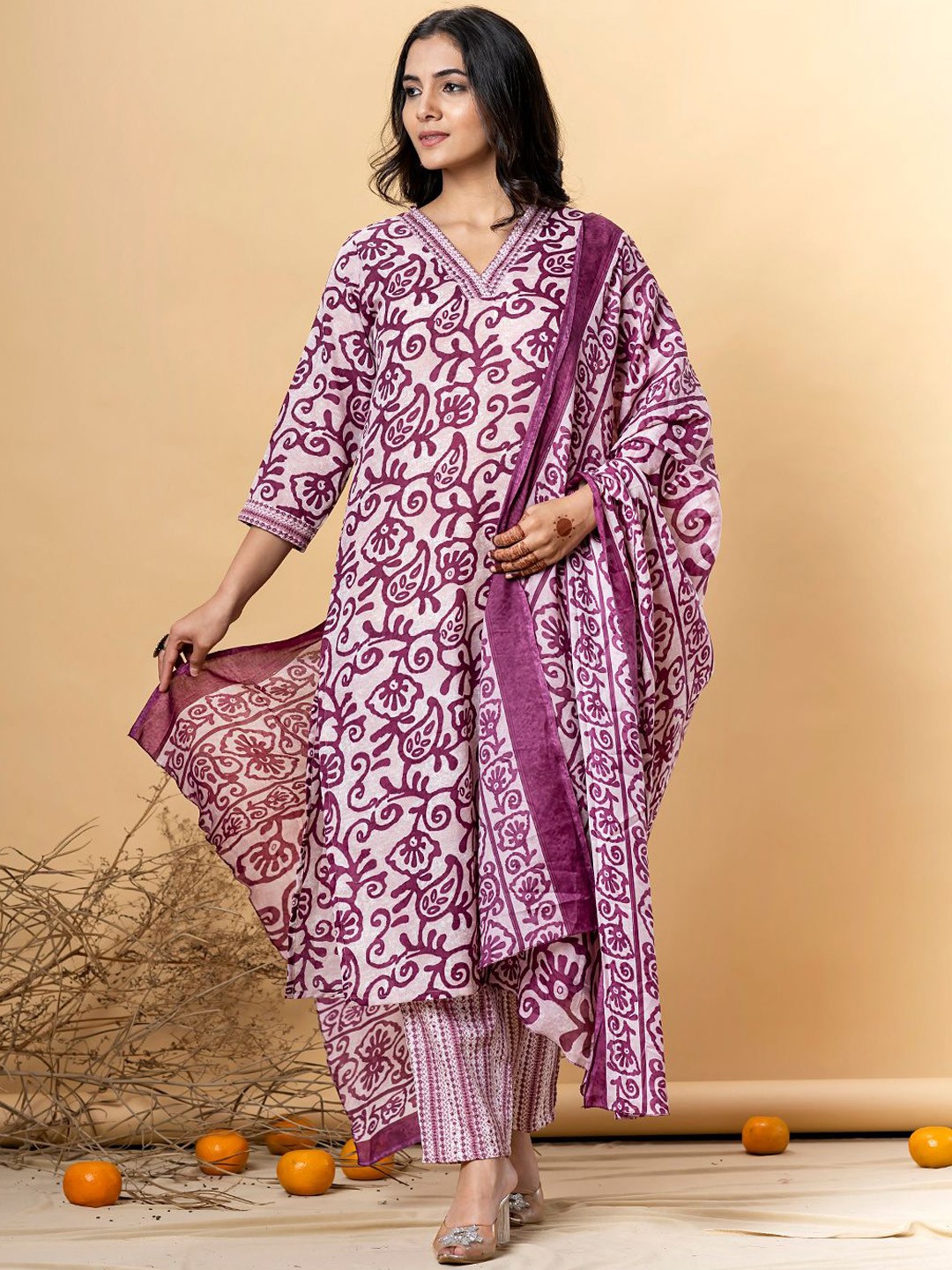

Readiprint Floral Printed V-Neck Sequinned Kurta With Palazzos And Dupatta, Burgundy