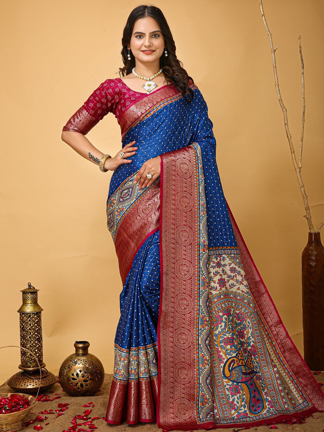 

Anouk Rustic Kalamkari Zari Silk Blend Sungudi Saree, Blue