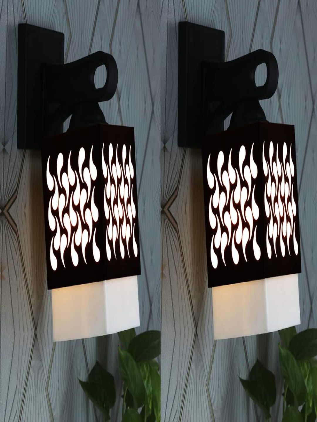 

Gojeeva Black & White 2 Pieces Textured Wooden Rectangle Shaped Wall Lamps