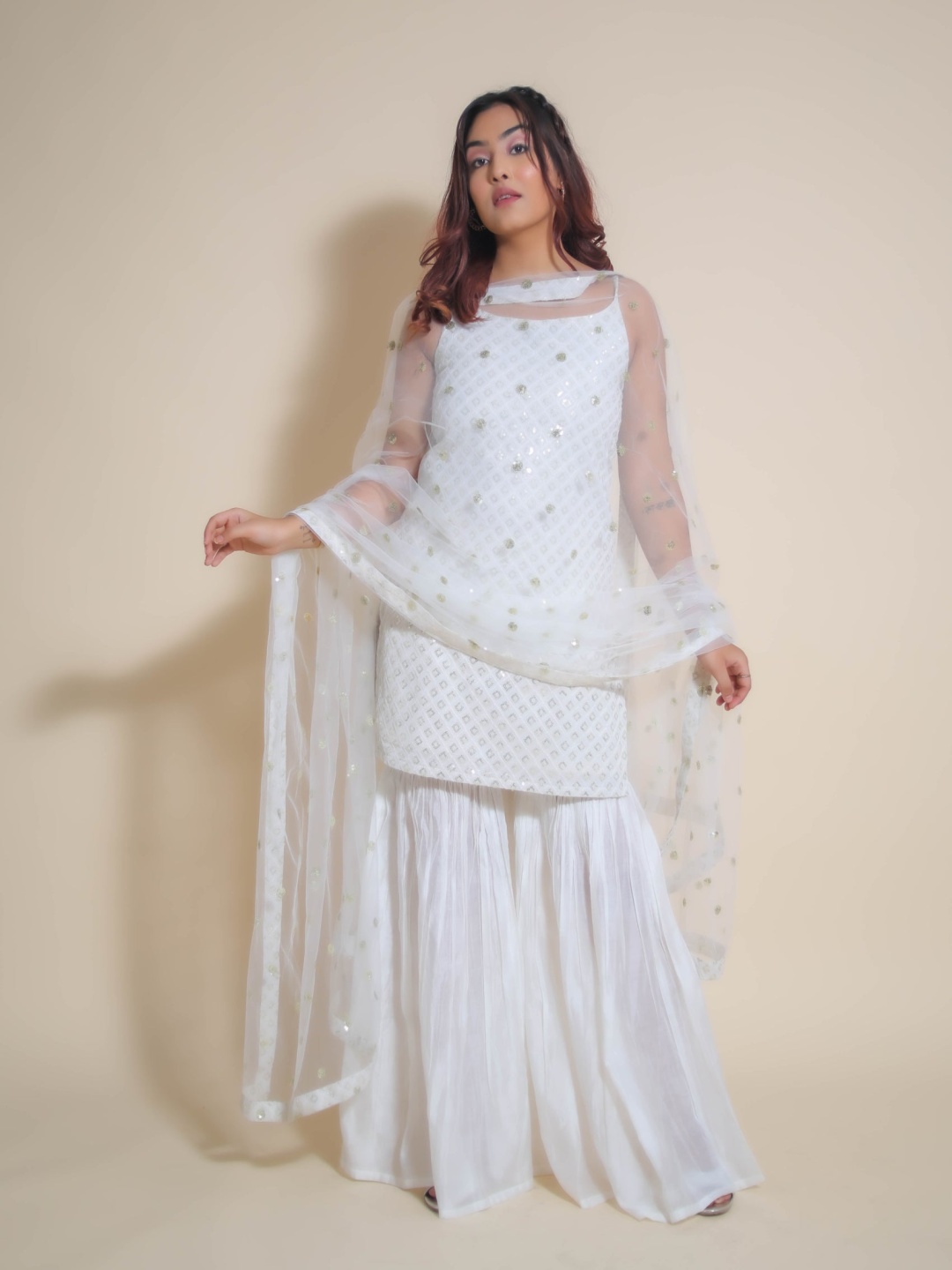 

KELLPAR Sequinnce Embellished Kurta With Sharara & Dupatta, White