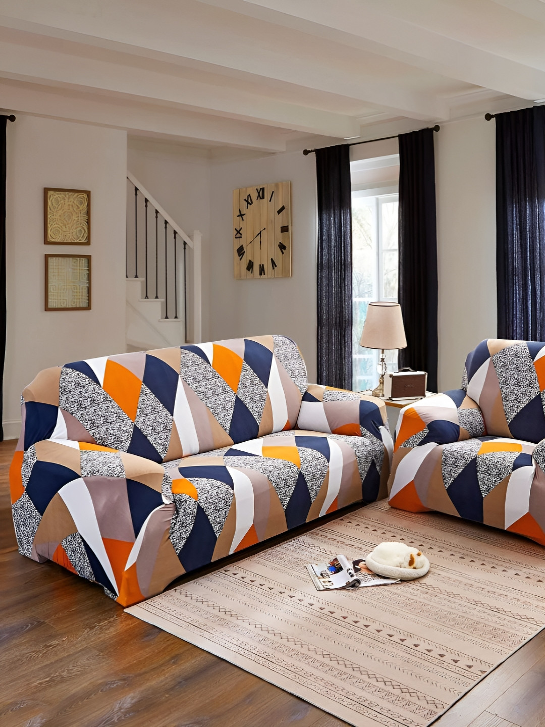 

KriShyam Orange-Coloured & Grey Printed 4 Seater Sofa Cover