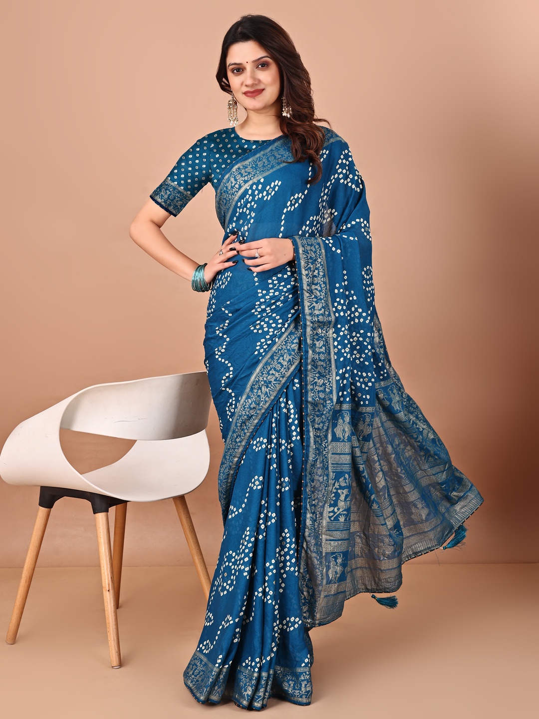 

Panzora Woven Design Foil Work Bandhani Saree, Blue