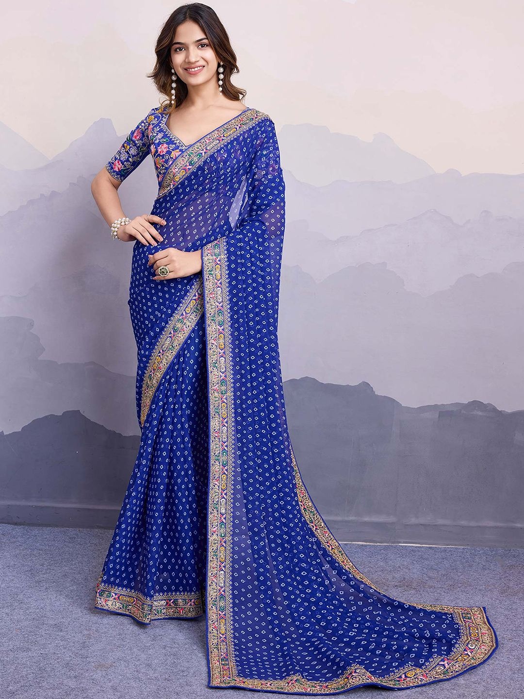 

Peachmode Bandhani Embroidered Pure Georgette Saree, Blue