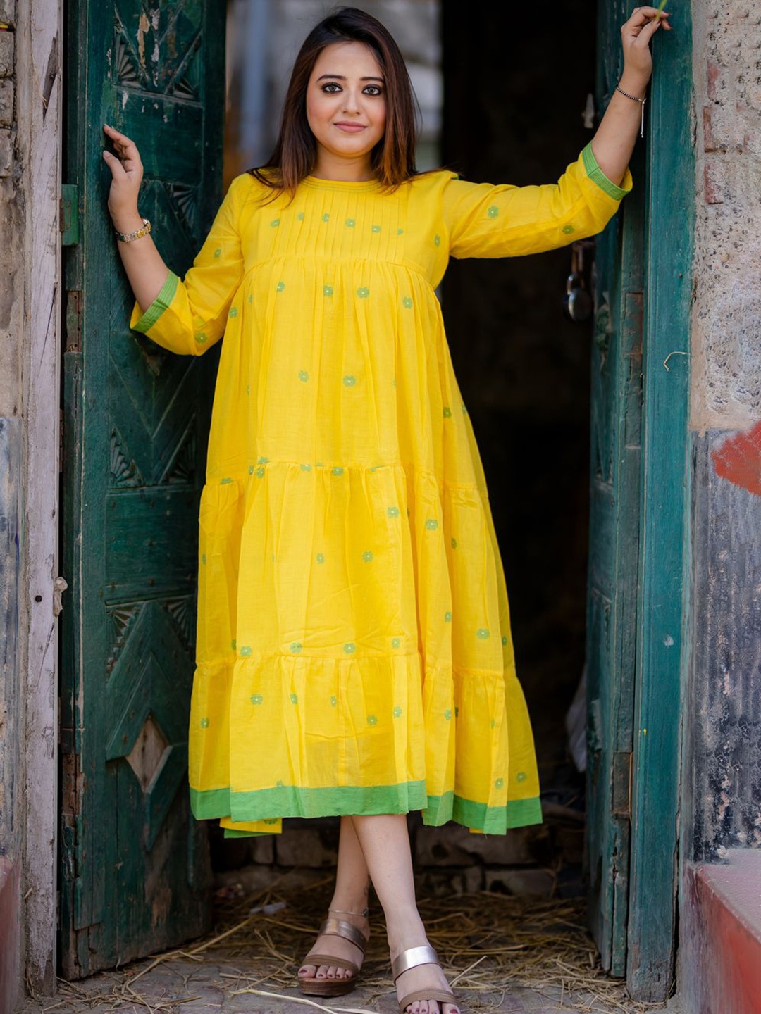 

ANAIYAH Women Jamdani Tier Pleated Yoke Dress, Yellow