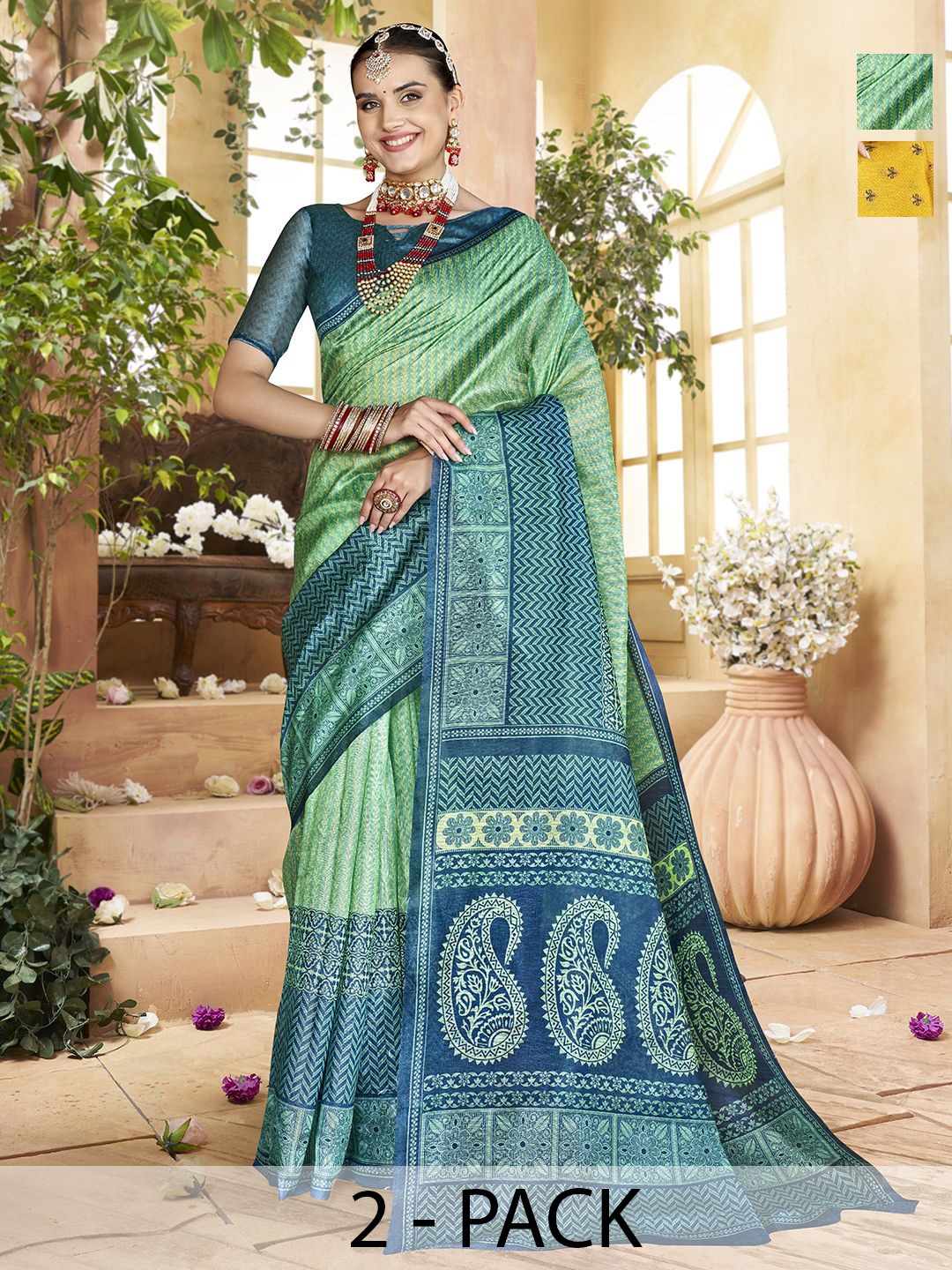 

Anouk Rustic Pack Of 2 Floral Printed Saree, Yellow