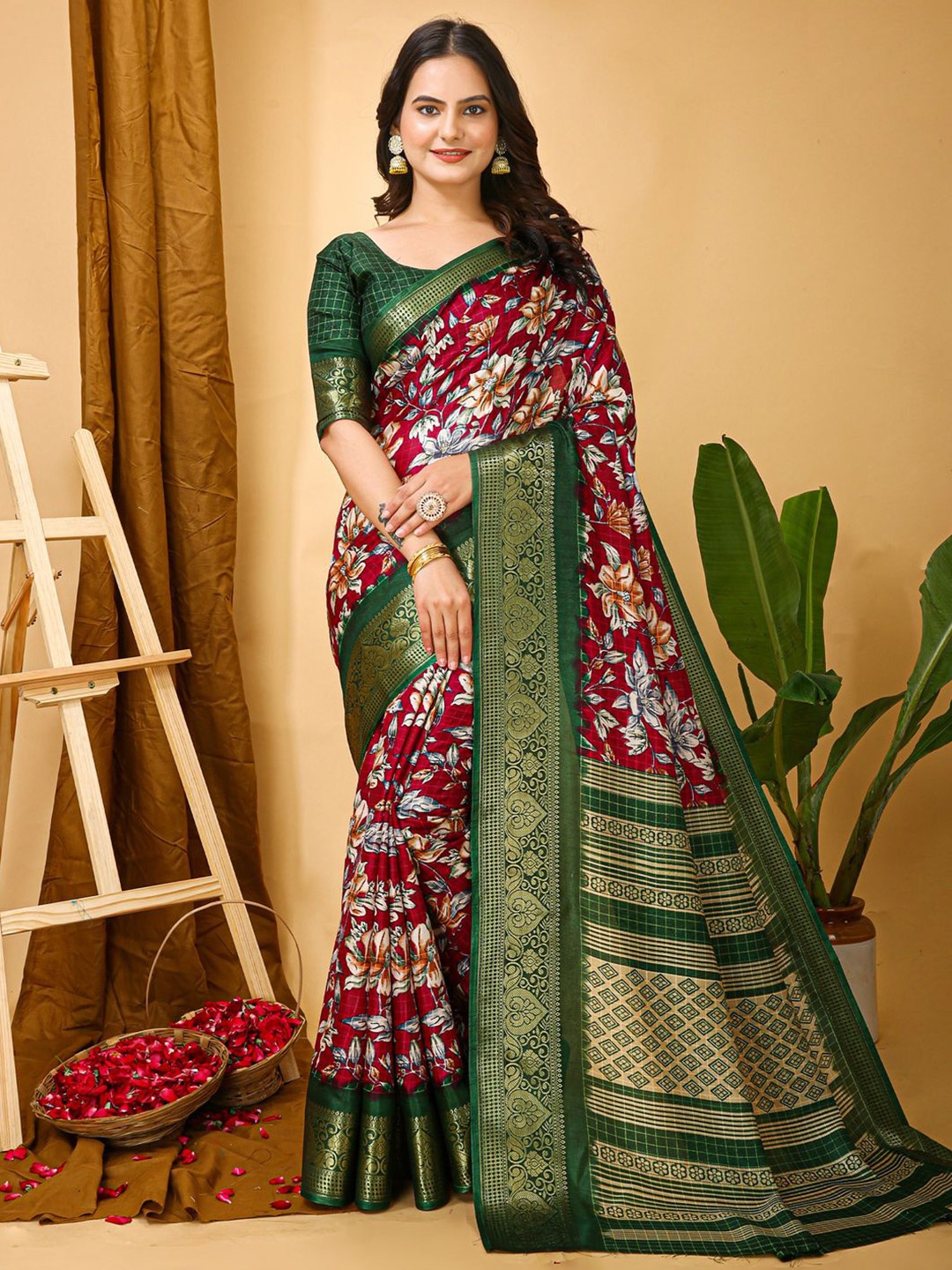 

Anouk Rustic Floral Zari Silk Blend Sungudi Saree, Maroon