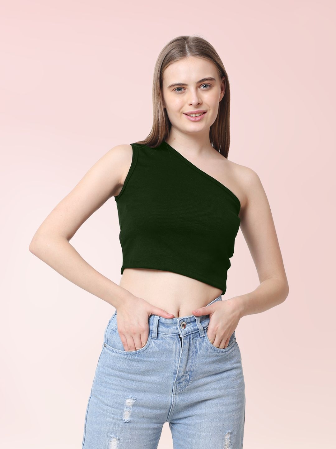 

Sizi Women One Shoulder Fitted Crop Top, Olive