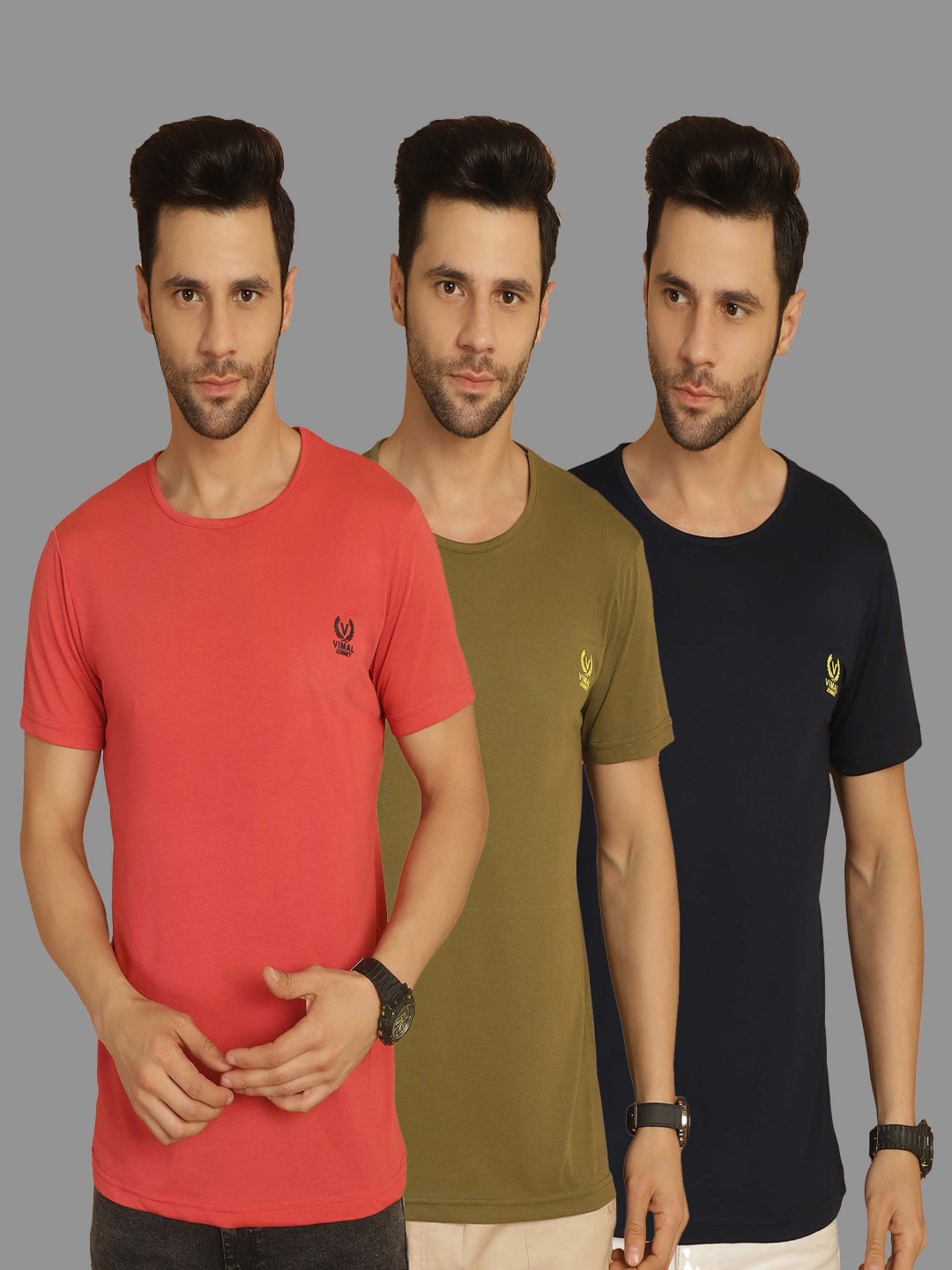 

VIMAL JONNEY Men Pack Of 3 Solid Round Neck Cotton T-shirts, Coral