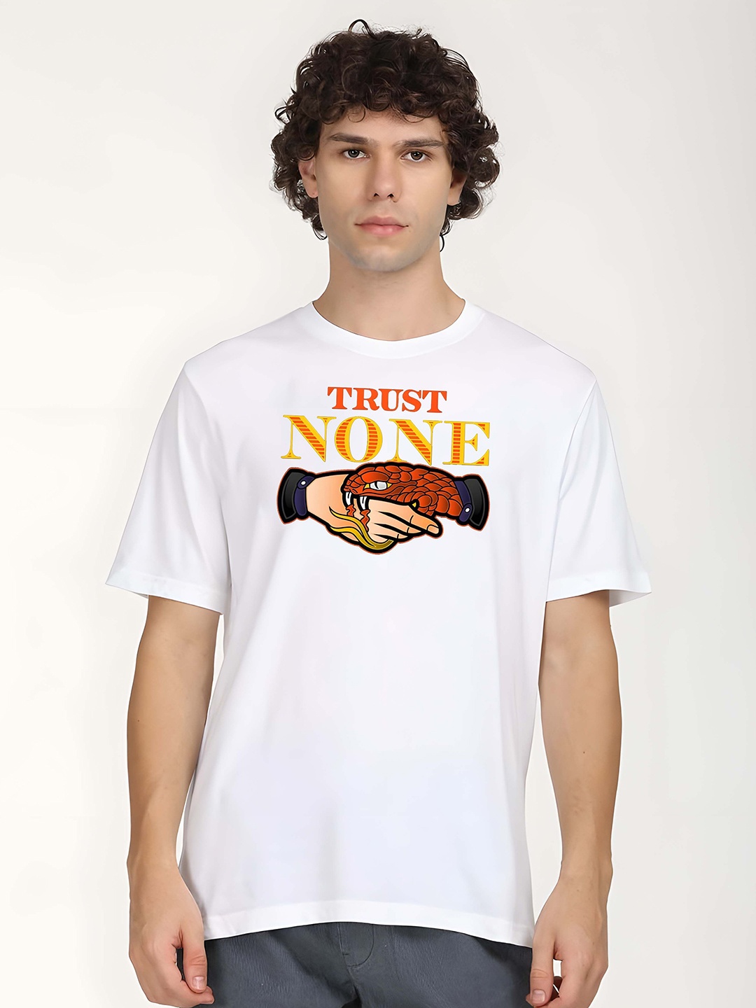 

Krimmple Men Graphic Printed Round Neck Cotton T-shirt, White